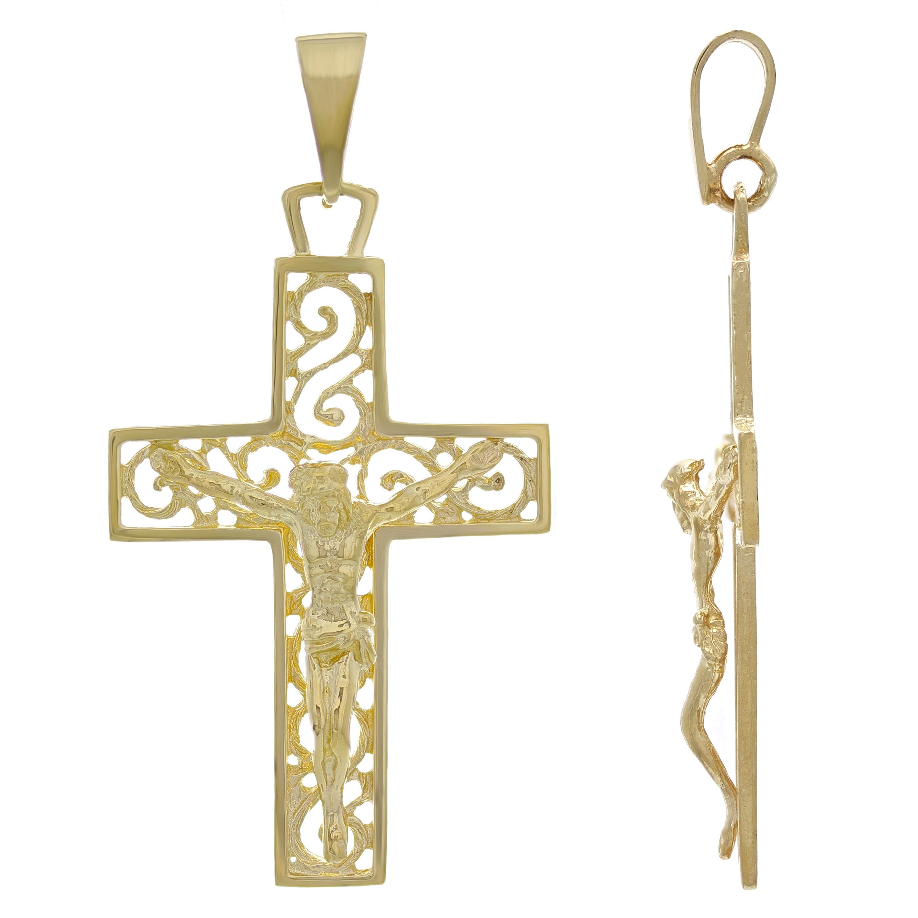 14k Yellow Gold Filigree Crucifix Cross Religious Charm Pendant 2" 5 grams - Yellow
