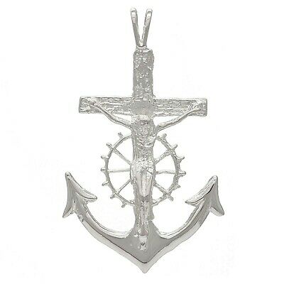 10k White Gold Jesus Crucifix Wheel Mariners Anchor Cross Pendant 1.85