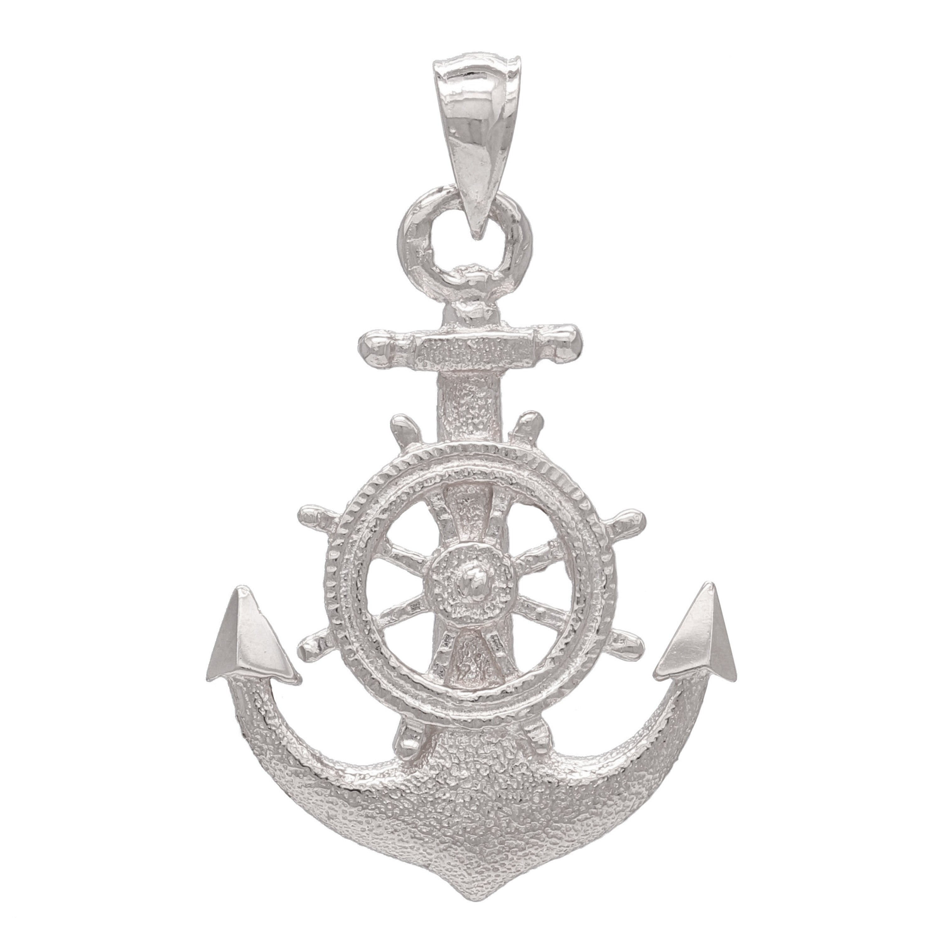 14k White Gold Anchor and Ship Wheel Nautical Textured Charm Pendant - White