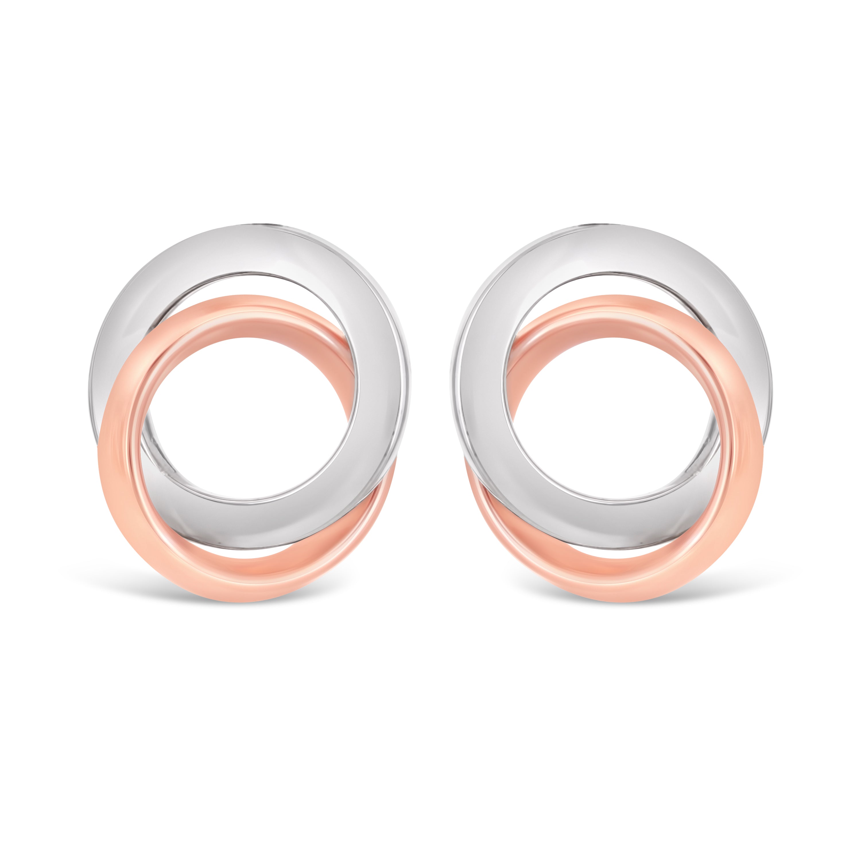 Italian 14k White & Rose Gold Double Entwined Eternity Circle Stud Earrings - Entwined Tubular