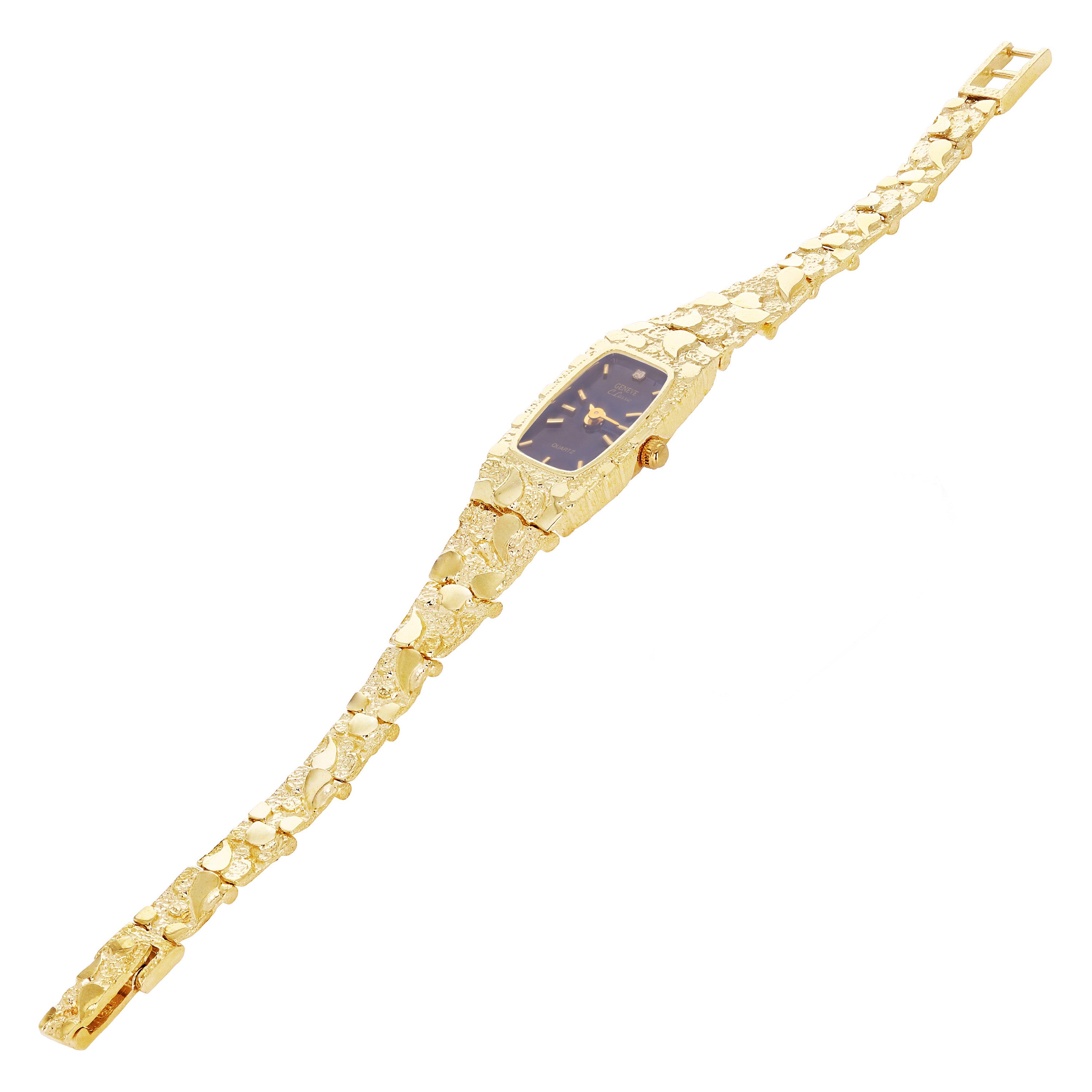 14k Yellow Gold Nugget Link Wrist Band with Geneve Diamond Watch 7-7.5" 24 grams