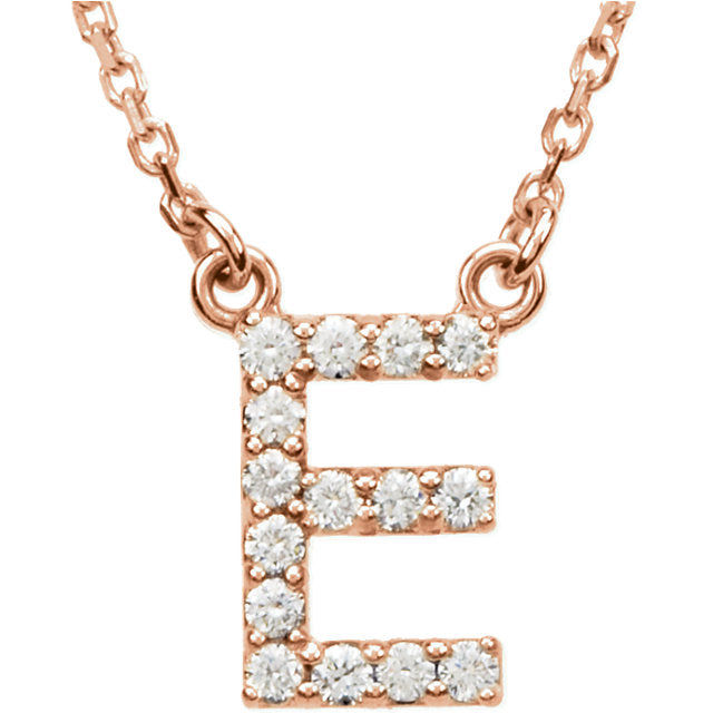 14k Rose Gold Diamond Initial Letter E Alphabet Rolo Pendant Necklace 18" - Letter E,Rose