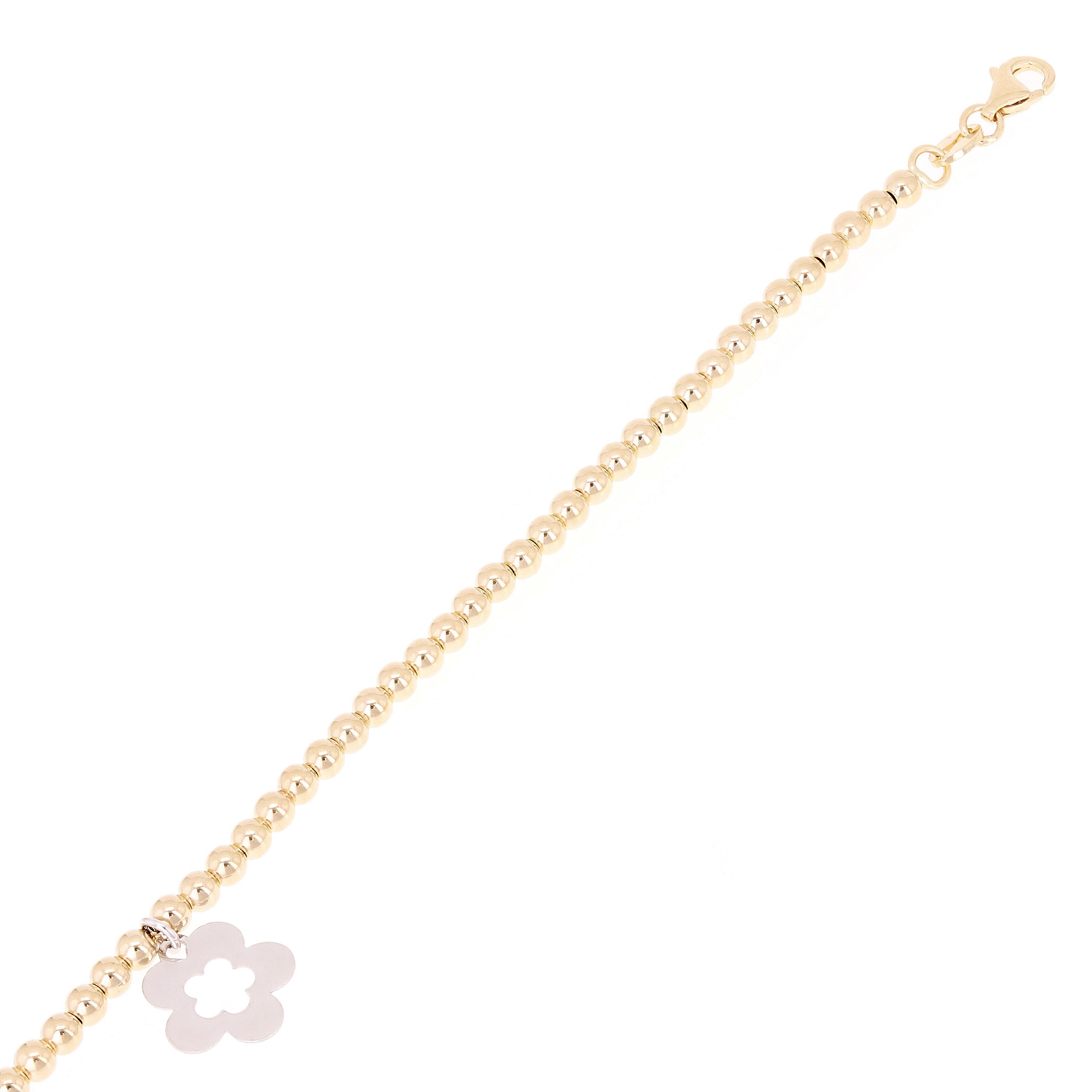 Italian 14k Two Tone Gold Ball Bead Bracelet with Flower Charm 8" 3mm 3.3 grams