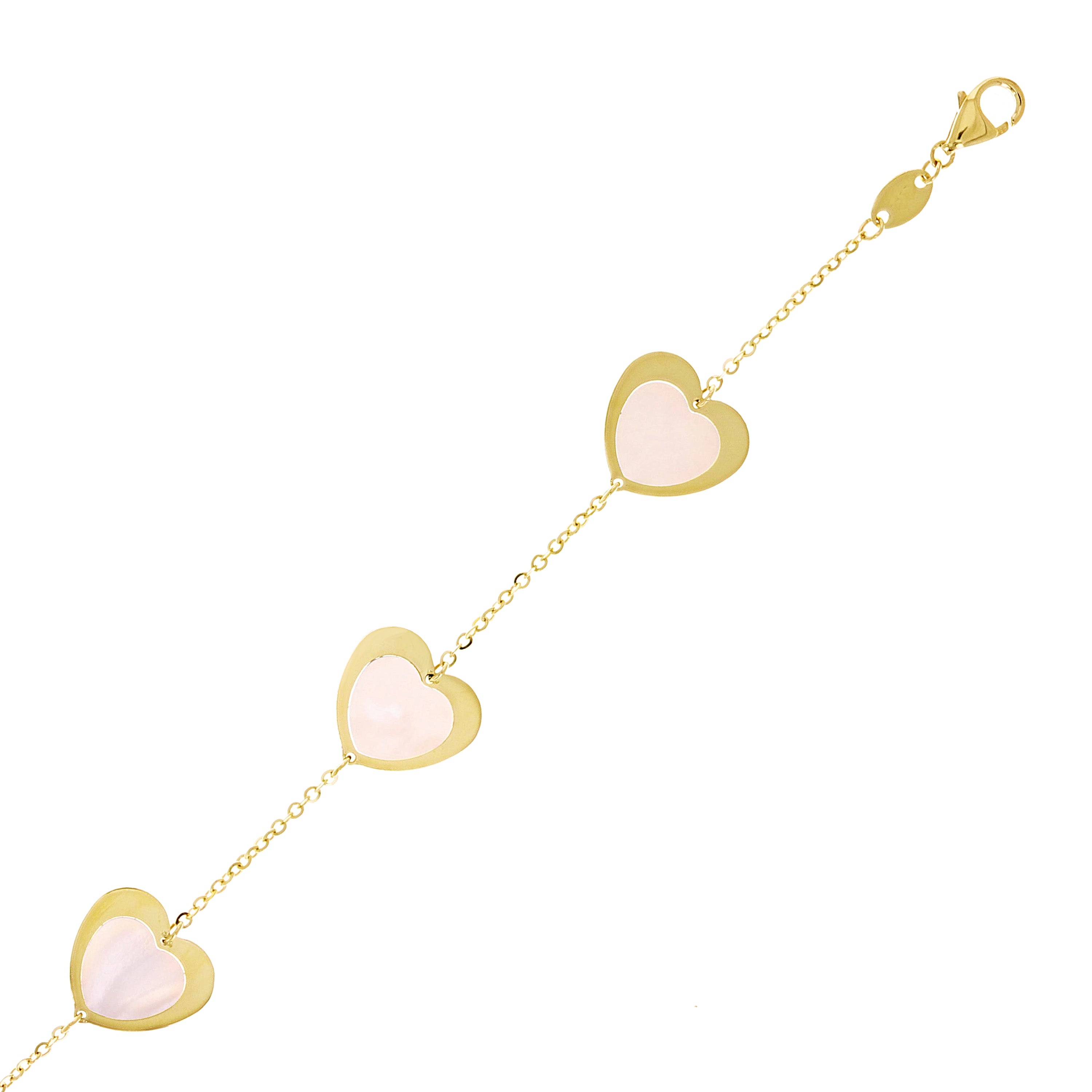Italian 14k Yellow Gold Pearl Heart Charm Station Bracelet 7.5" 11mm 3 grams