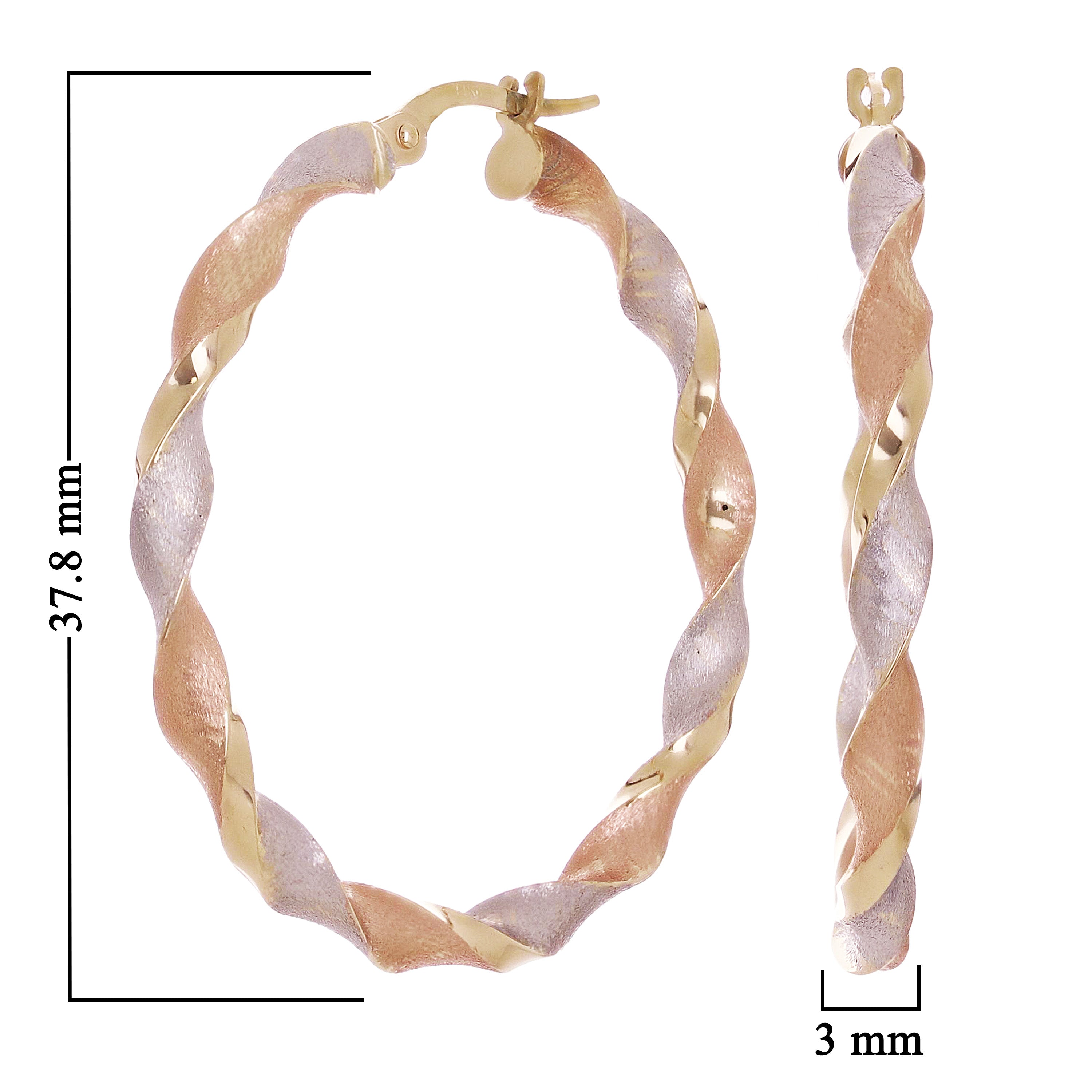 Italian 14k Tri-Color Gold Satin Twisted Hoop Earrings 1.5" 3mm 3.1 grams