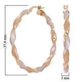 Italian 14k Tri-Color Gold Satin Twisted Hoop Earrings 1.5" 3mm 3.1 grams