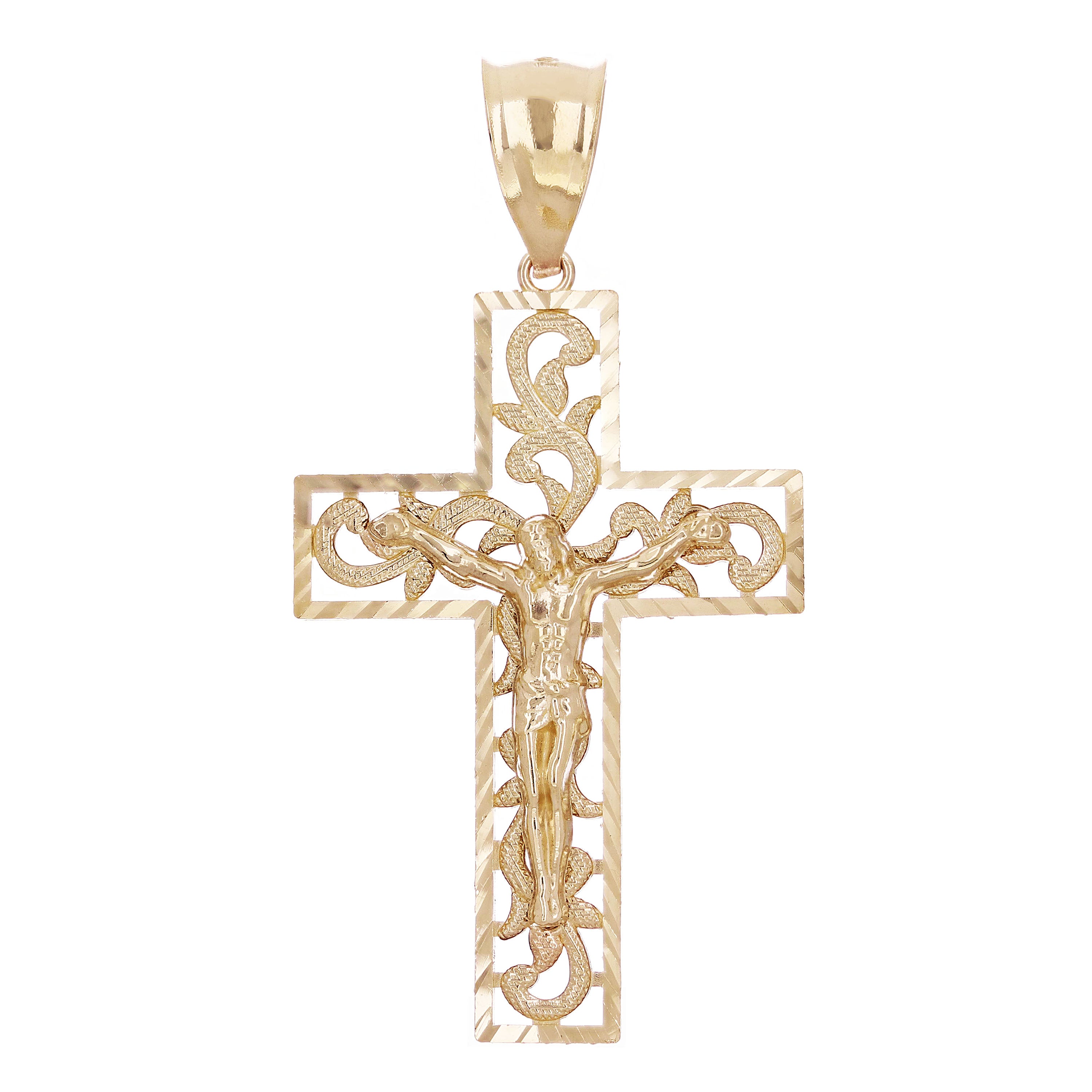 14k Yellow Gold Filigree Diamond Cut Jesus Cross Crucifix Pendant 1.9" 4.4 grams