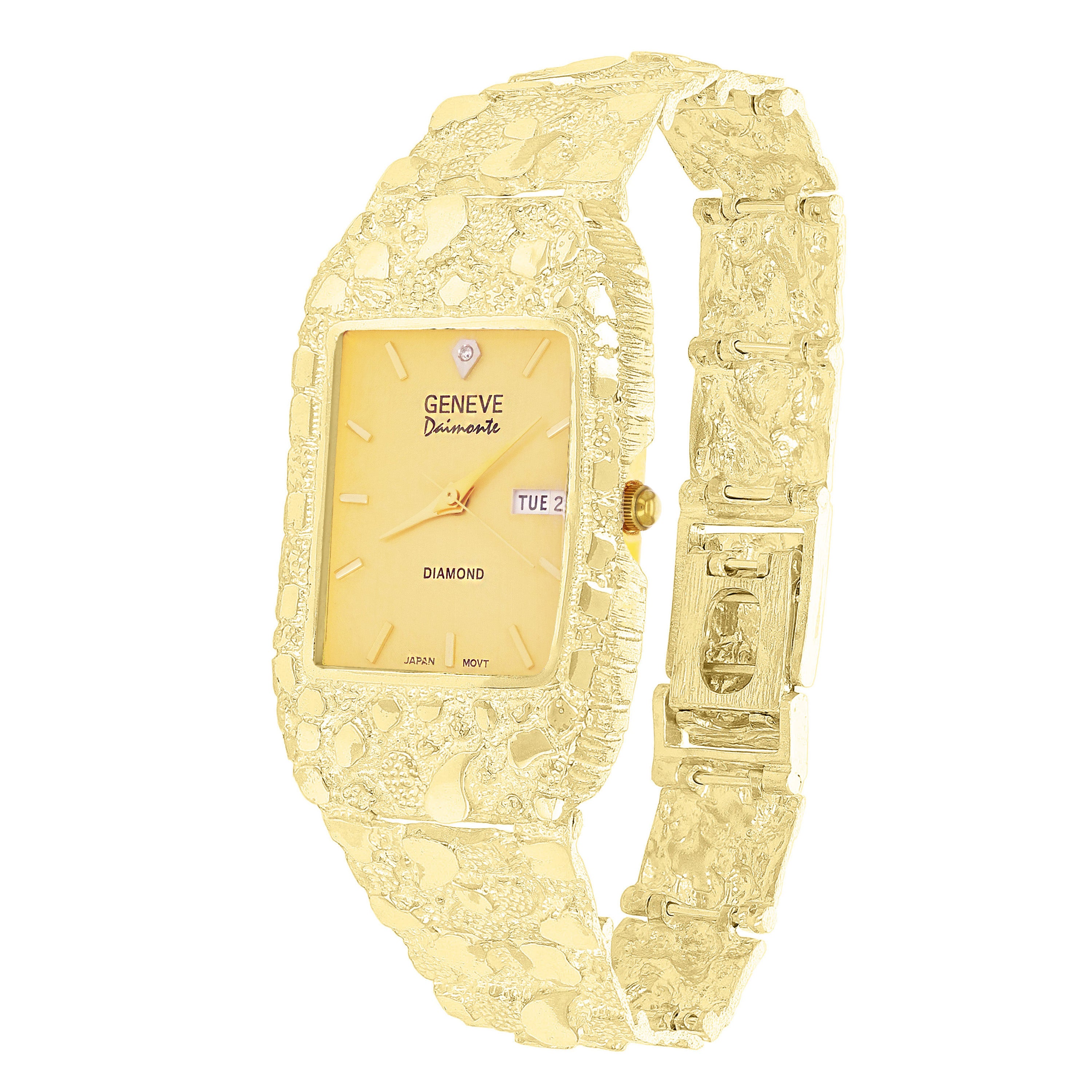14k Yellow Gold Nugget Link Wrist Watch Bracelet Geneve with Diamond 7" 54.3g - 7"