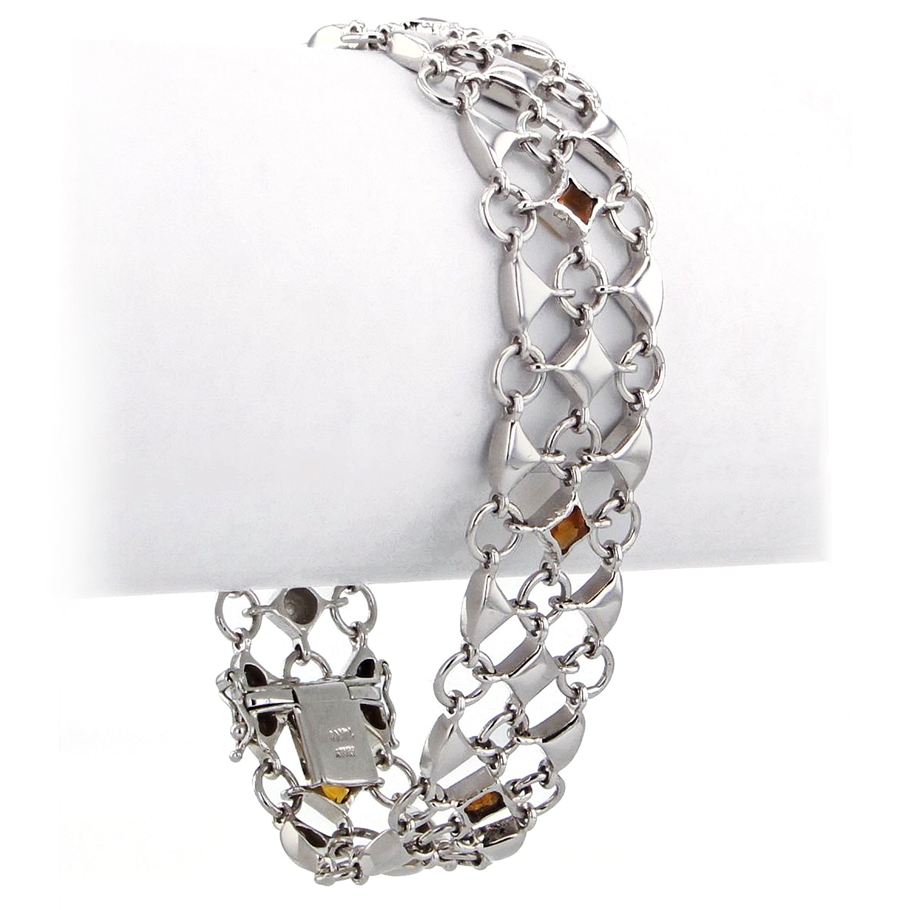 Italian 14k White Gold Link Bracelet with Citrine Gemstones 18mm 7.25" 25 grams
