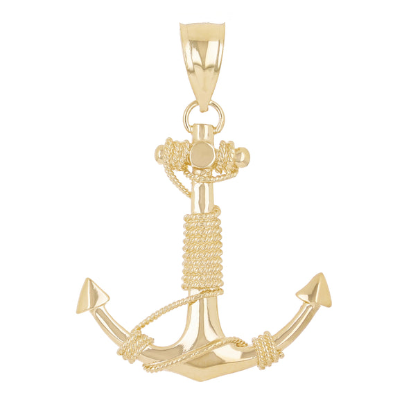 14k Yellow Gold Nautical Anchor Ship Mariners Rope Pendant 2.2