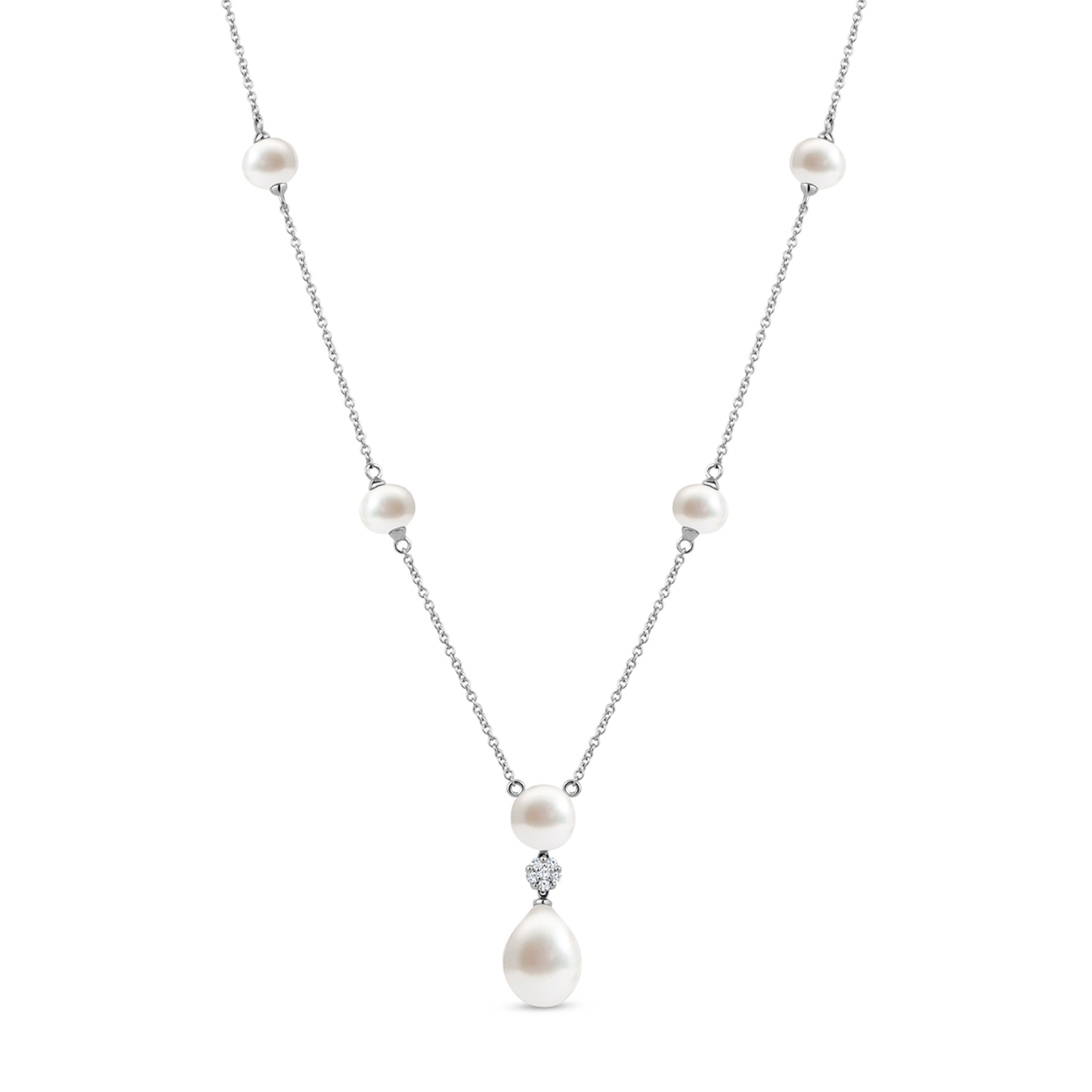 14k White Gold Freshwater Pearl Dangle Station Necklace 18" with Diamonds