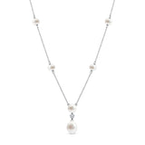 14k White Gold Freshwater Pearl Dangle Station Necklace 18" with Diamonds