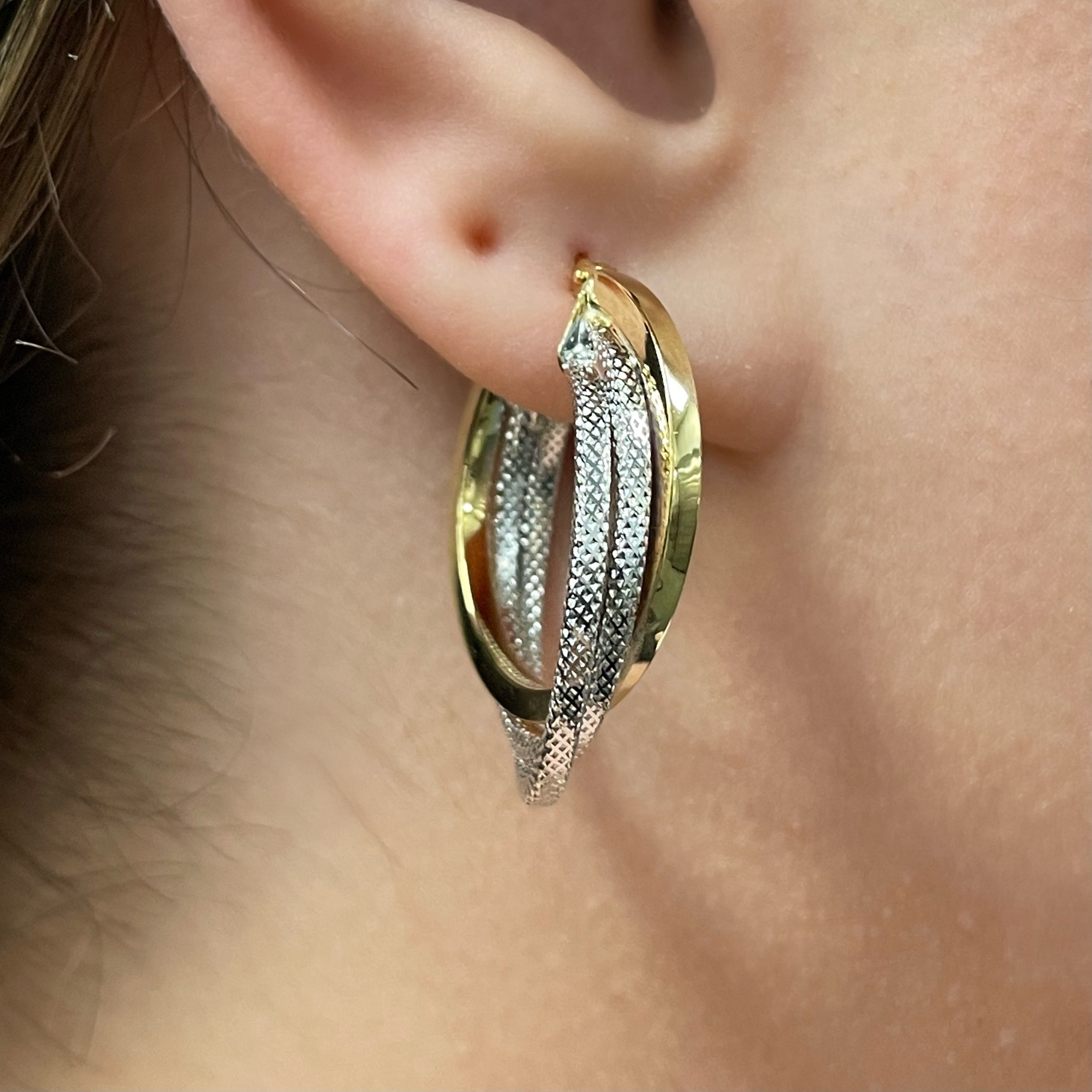 Italian 14k Yellow & White Gold Lattice & Shine Triple Entwined Hoop Earrings