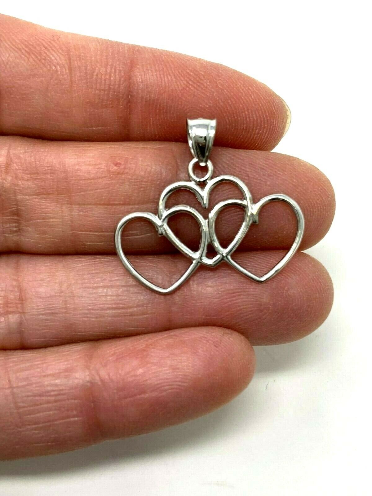 14k White Gold Solid Triple Heart Charm Pendant 1.2 grams