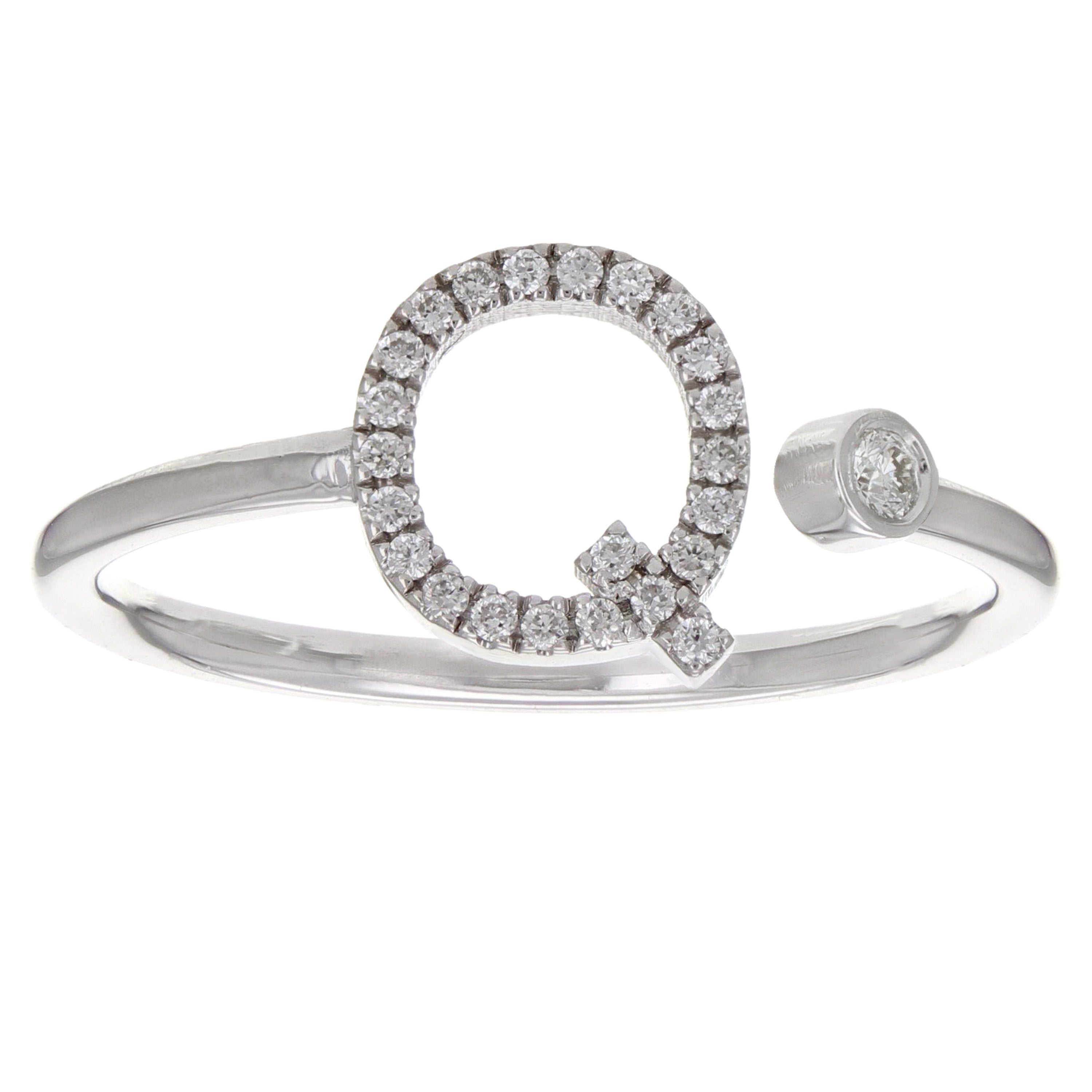 14k White Gold Diamond Initial Letter Q Ring Size 6 - Letter Q,White
