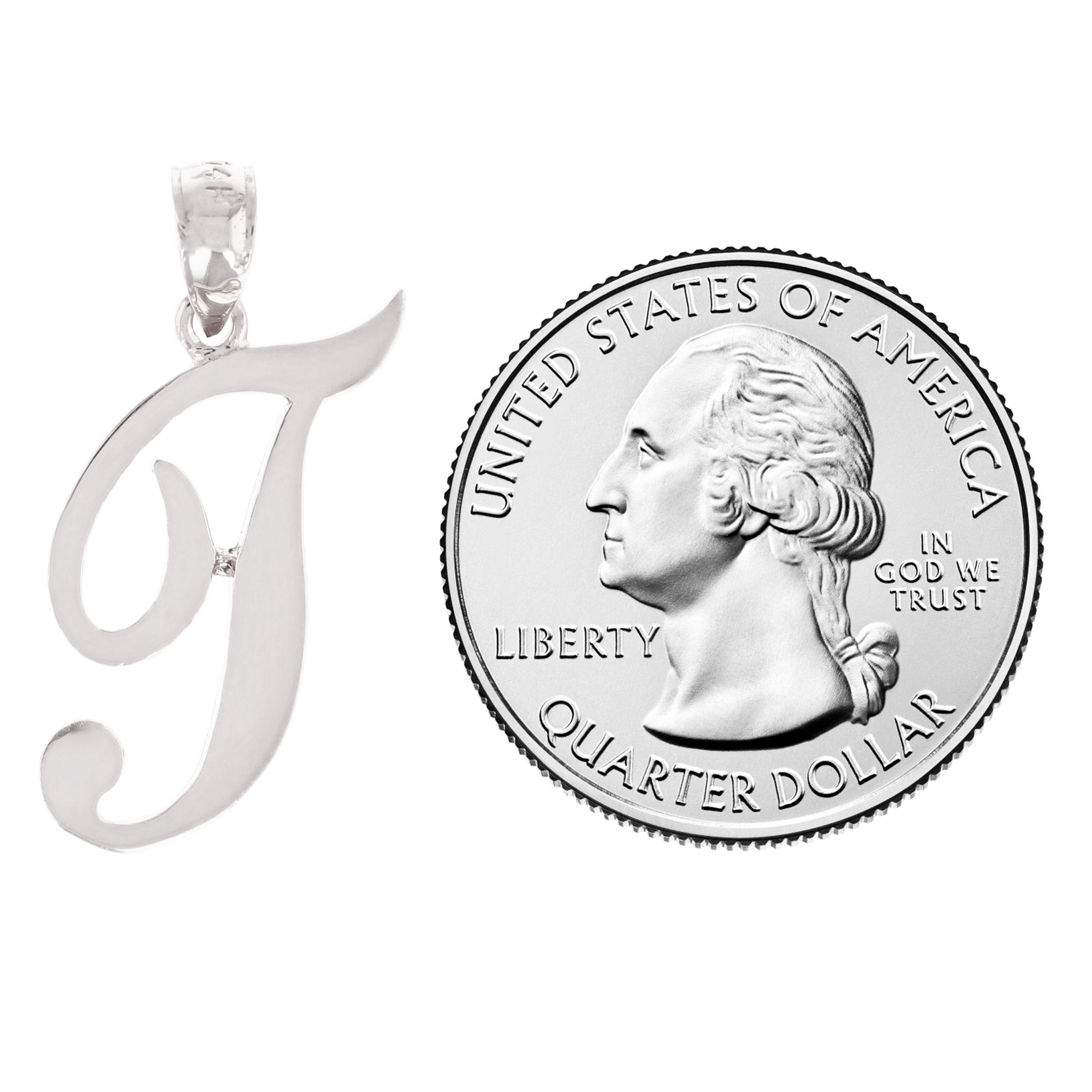 14k White Gold Initial Letter T Alphabet Charm Pendant - Letter T,White