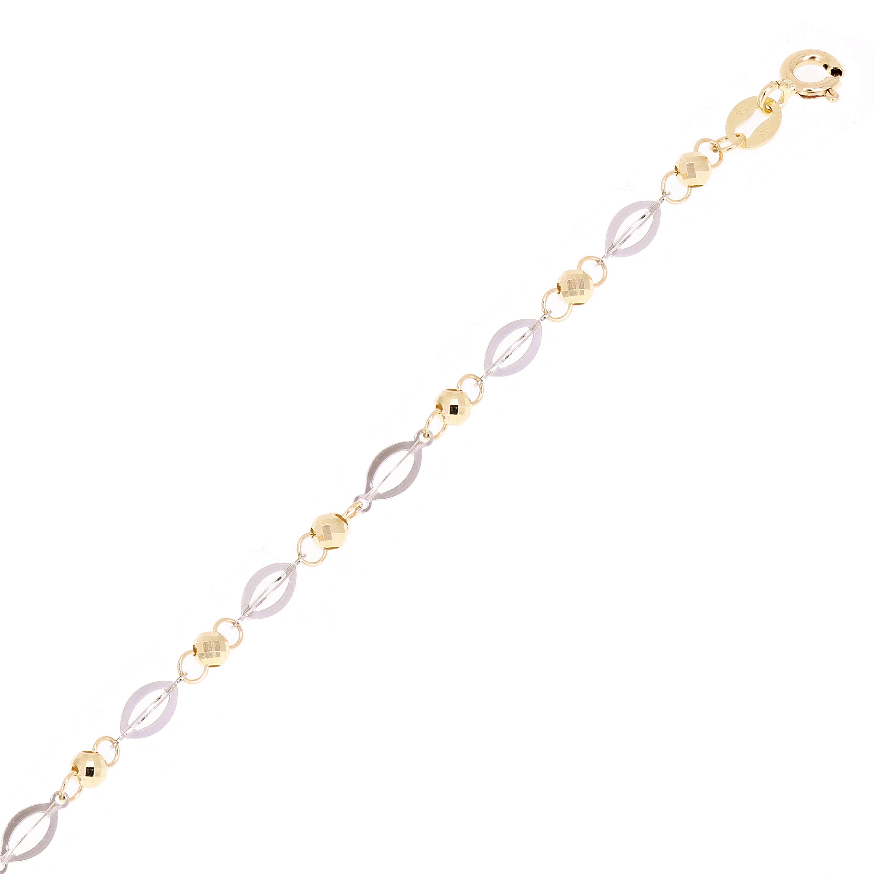 Italian 14k Two Tone Gold Oval & Ball Beads Link Bracelet 7.5" 3.5mm 2 grams