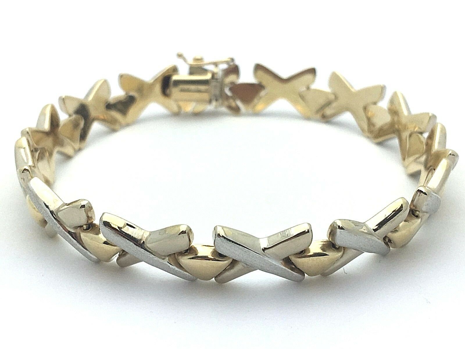 Italian 14k Two Tone Gold Hollow Hugs & Kisses XOXO Bracelet 7" 9.3mm 10.9 grams