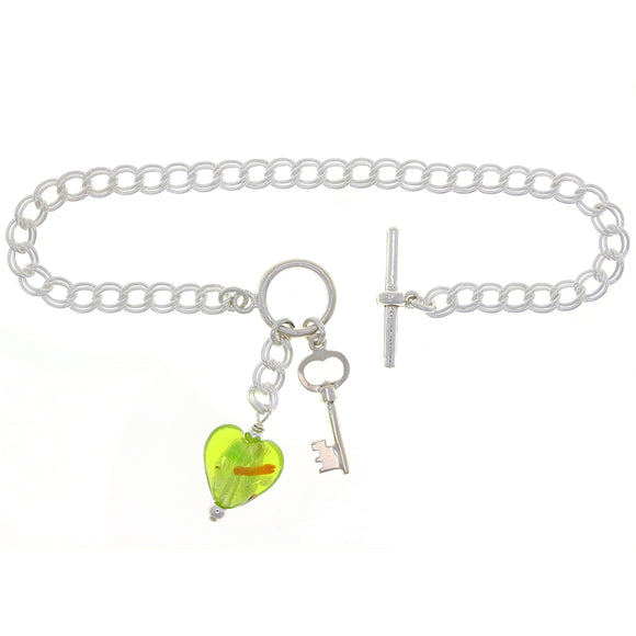 925 Sterling Silver Key & Green Heart Murano Glass Link Charm Bracelet 7