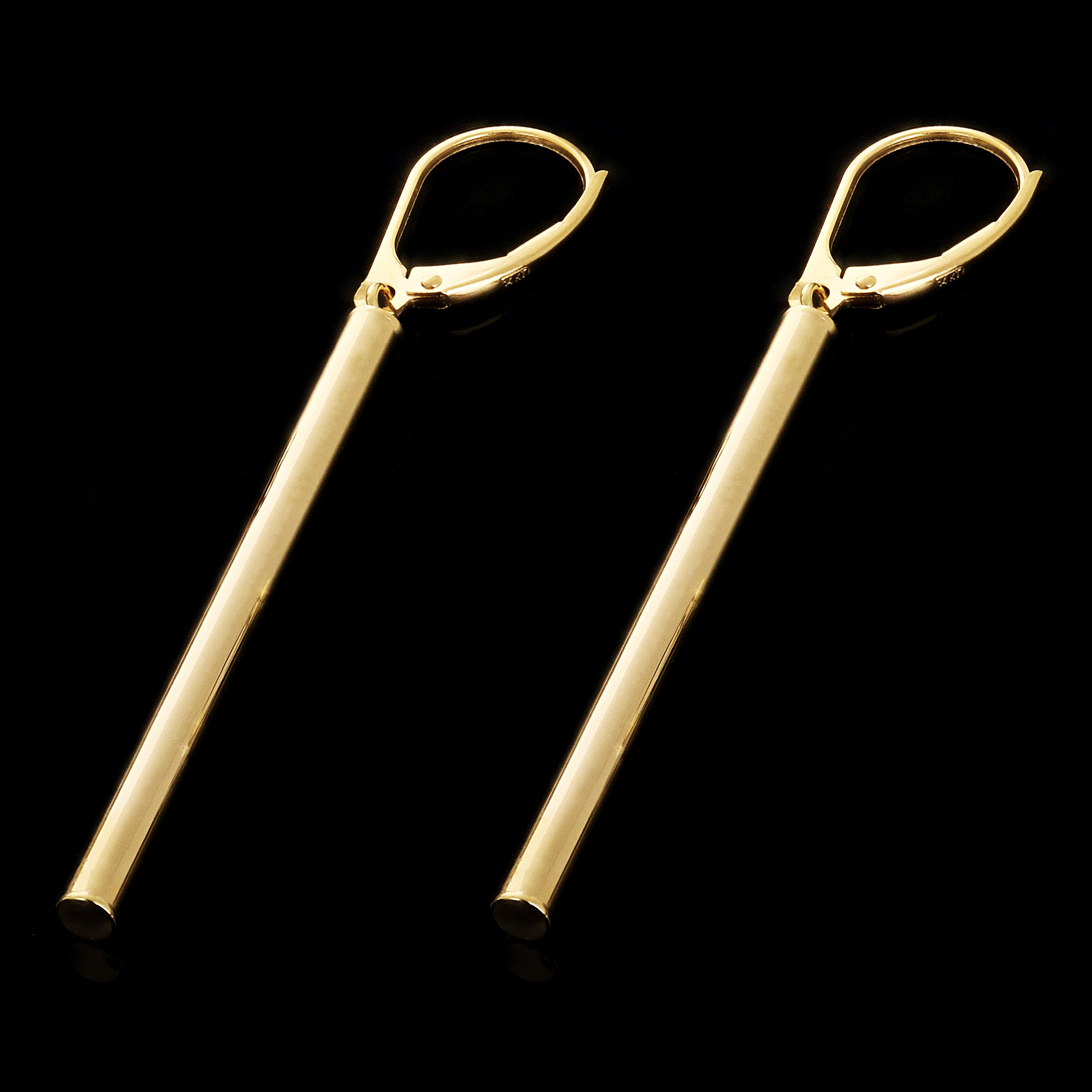 Italian 14k Yellow Gold Tube Vertical Bar Dangle Drop Earrings 2.3" 2.9mm 1.8g