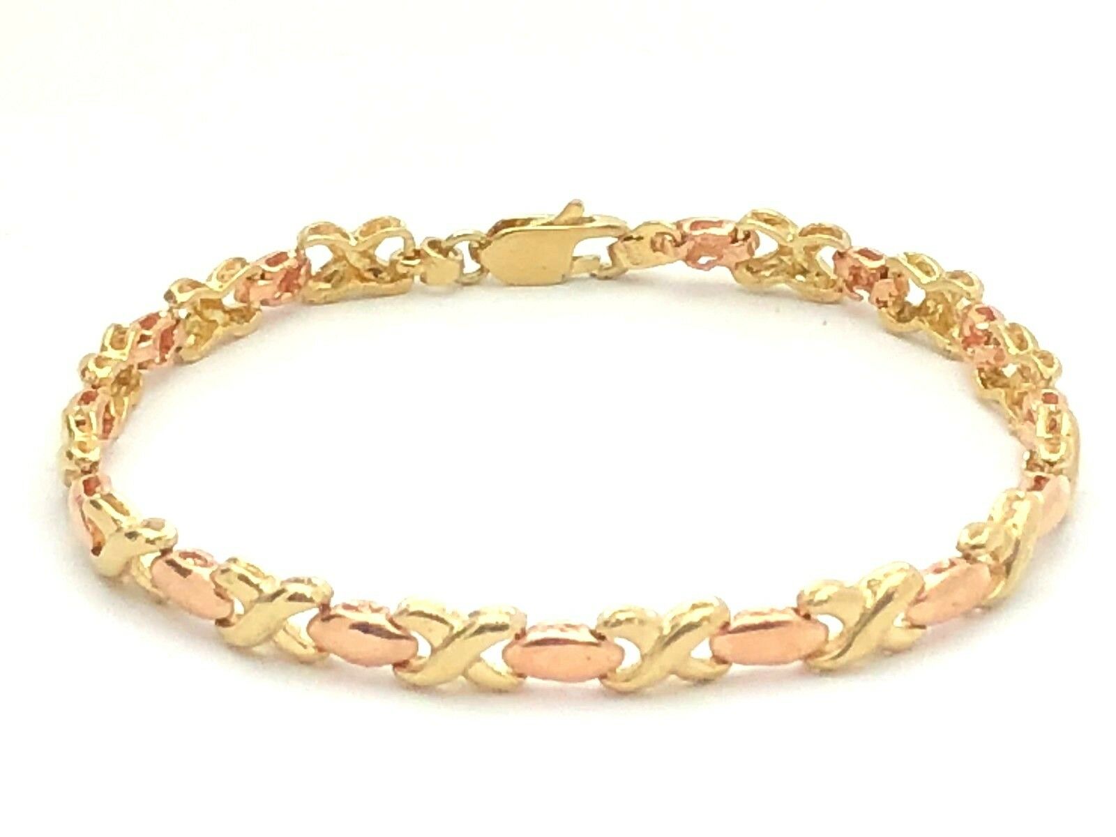 14k Two Tone Gold High Polished Hugs & Kisses XOXO Link Bracelet 7.25" 5.3mm 9g