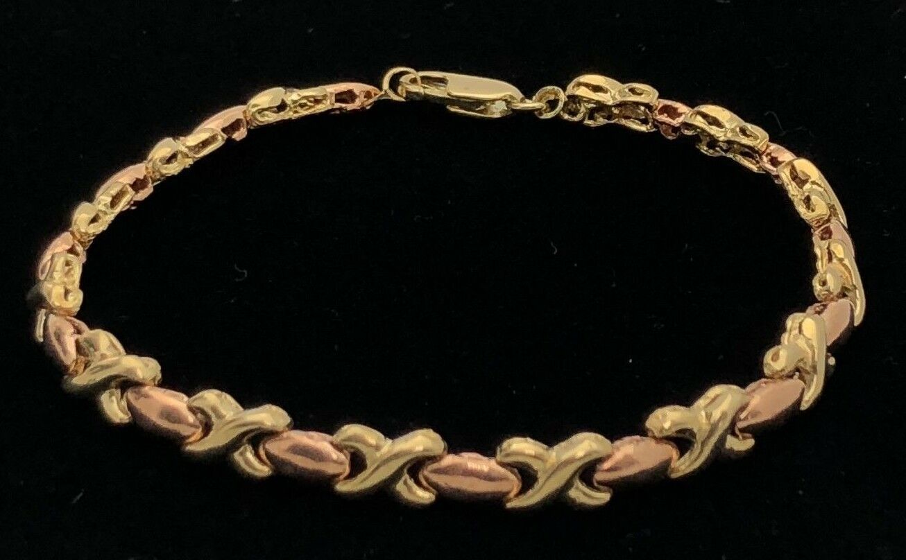 14k Two Tone Gold High Polished Hugs & Kisses XOXO Link Bracelet 7.25" 5.3mm 9g