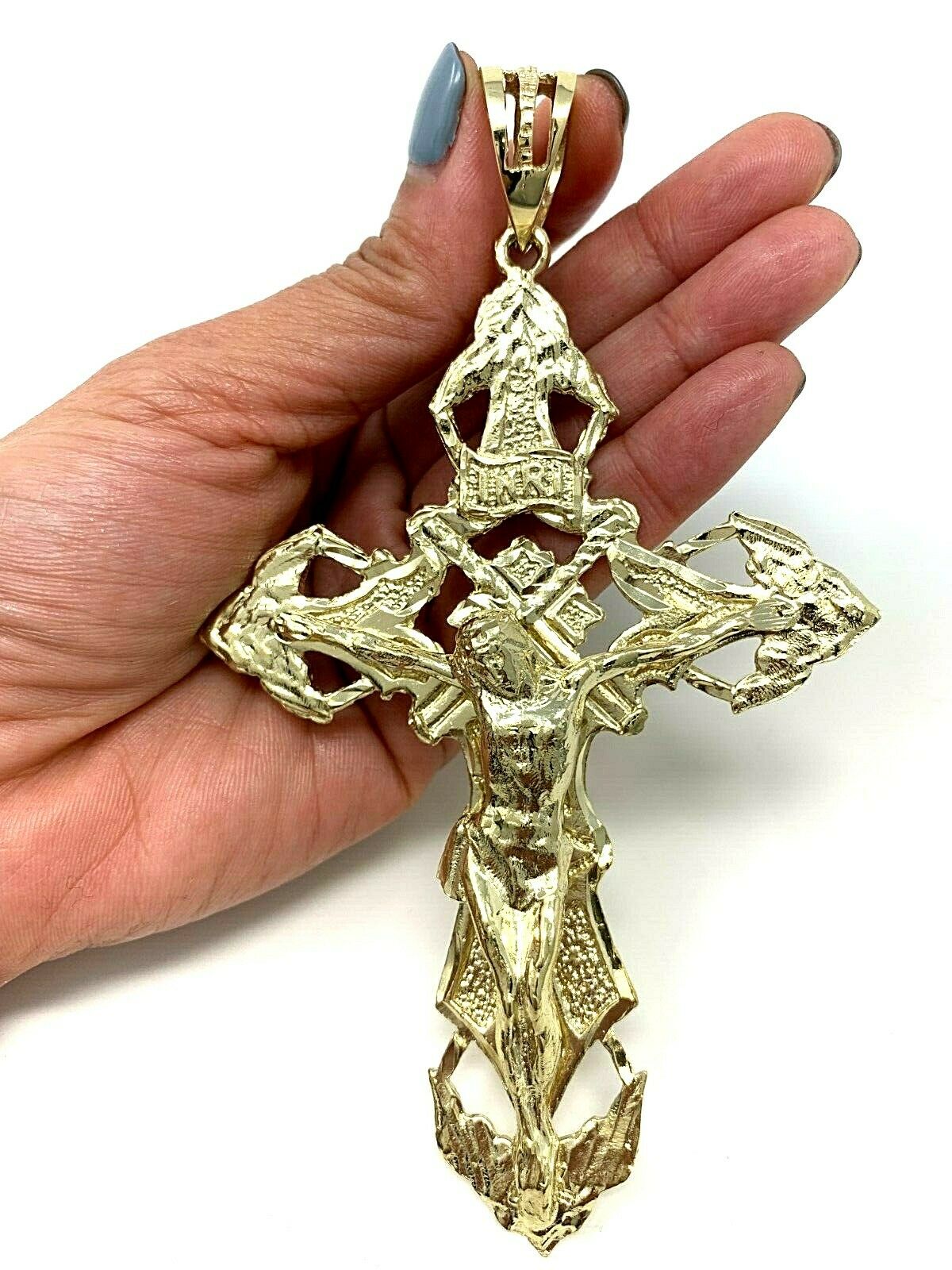 10k Yellow Gold Religious INRI Jesus Christ 3D Big Cross Pendant 5.25"- 45 grams