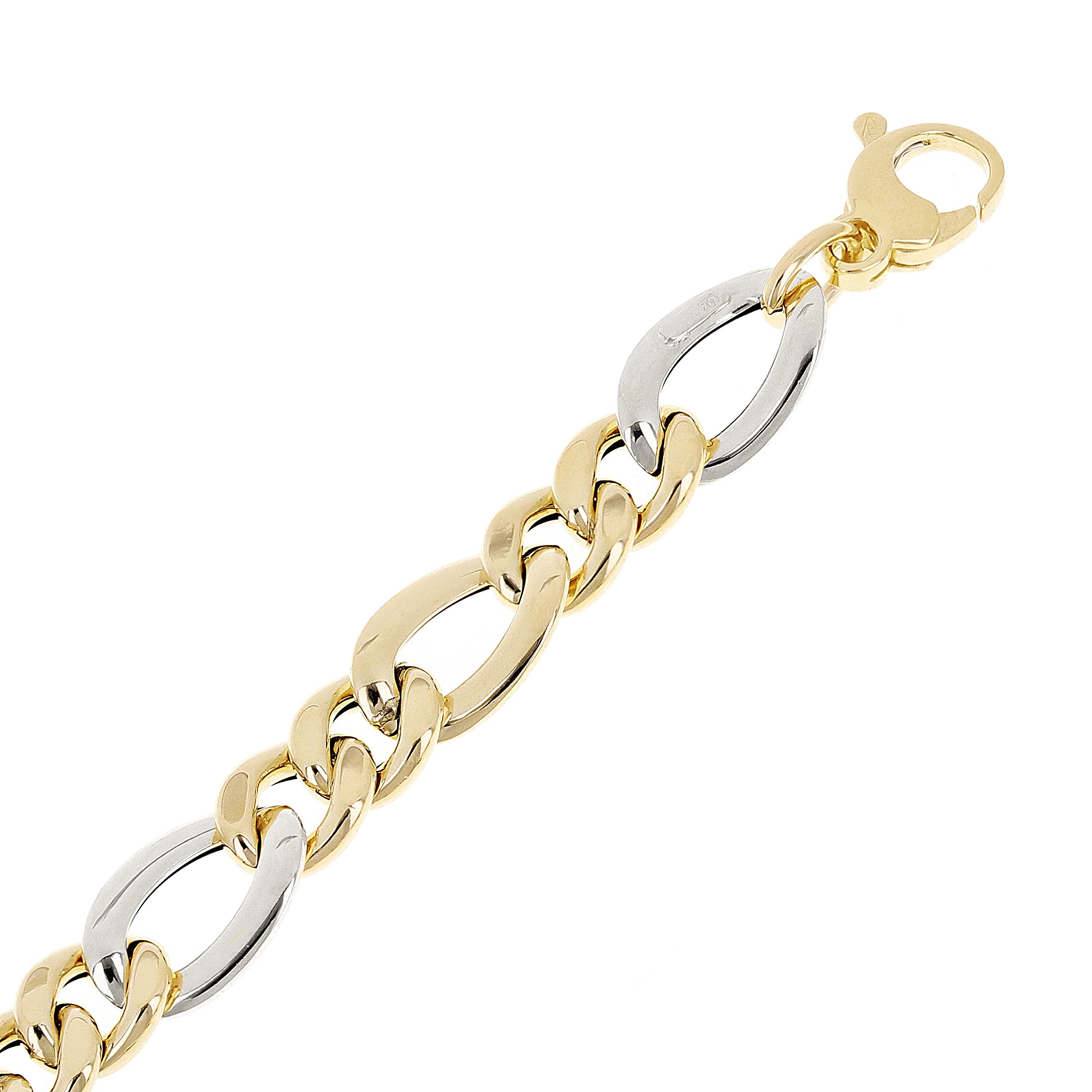 Italian 14k Yellow & White Gold Hollow Figaro Chain Bracelet 7.5" 8.5mm 4.7 grams