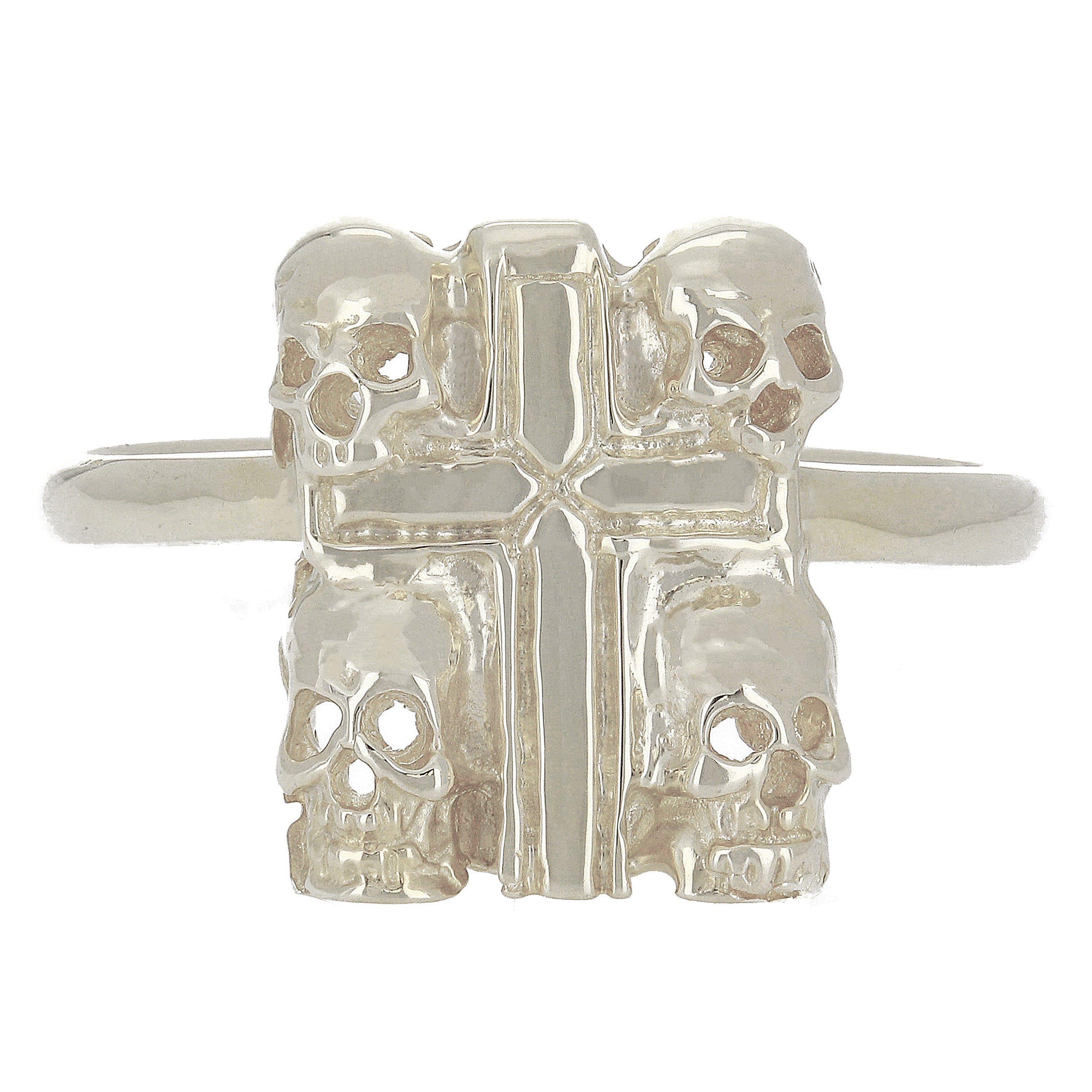 14k White Gold Fours Skulls Cross Ring