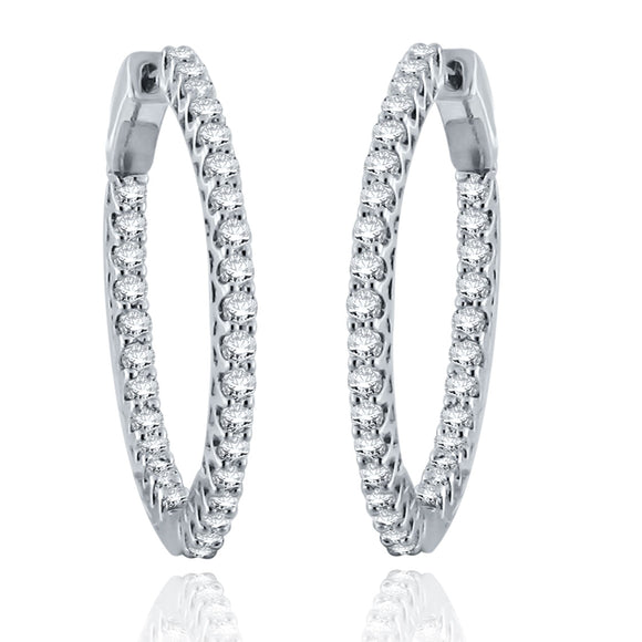 14k White Gold 1ctw Diamond Inside Out Two-Sided Round Hinged Hoop Earrings