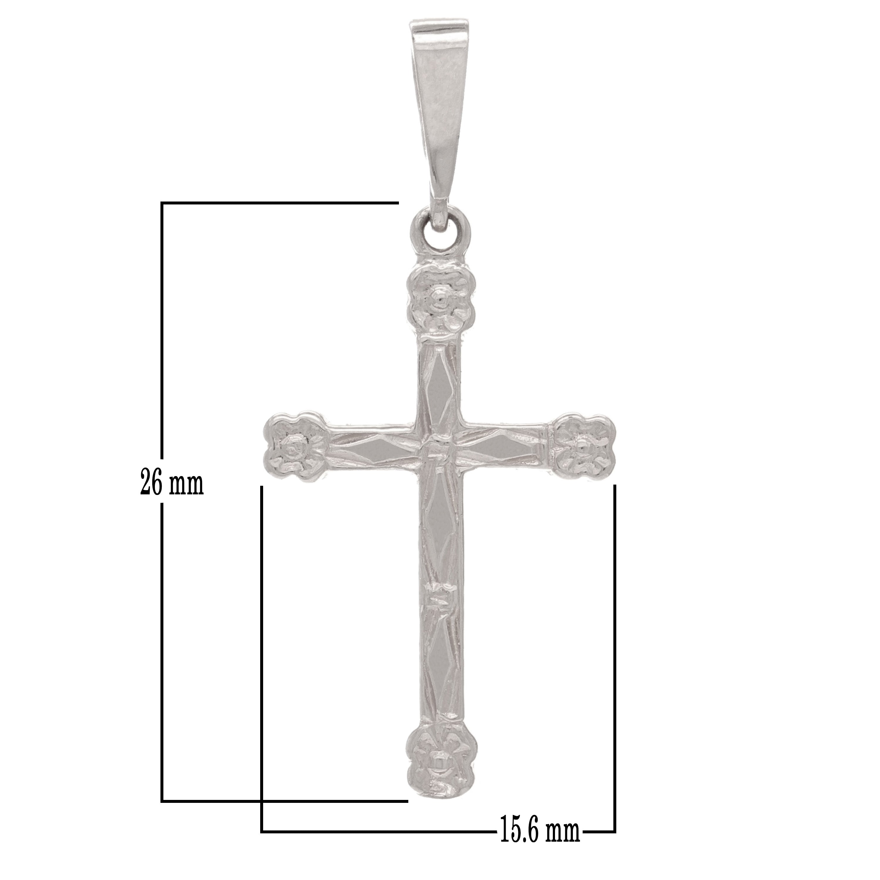 14k White Gold Religious Cross Charm Pendant with Flower 1.3" 1.4 grams - White