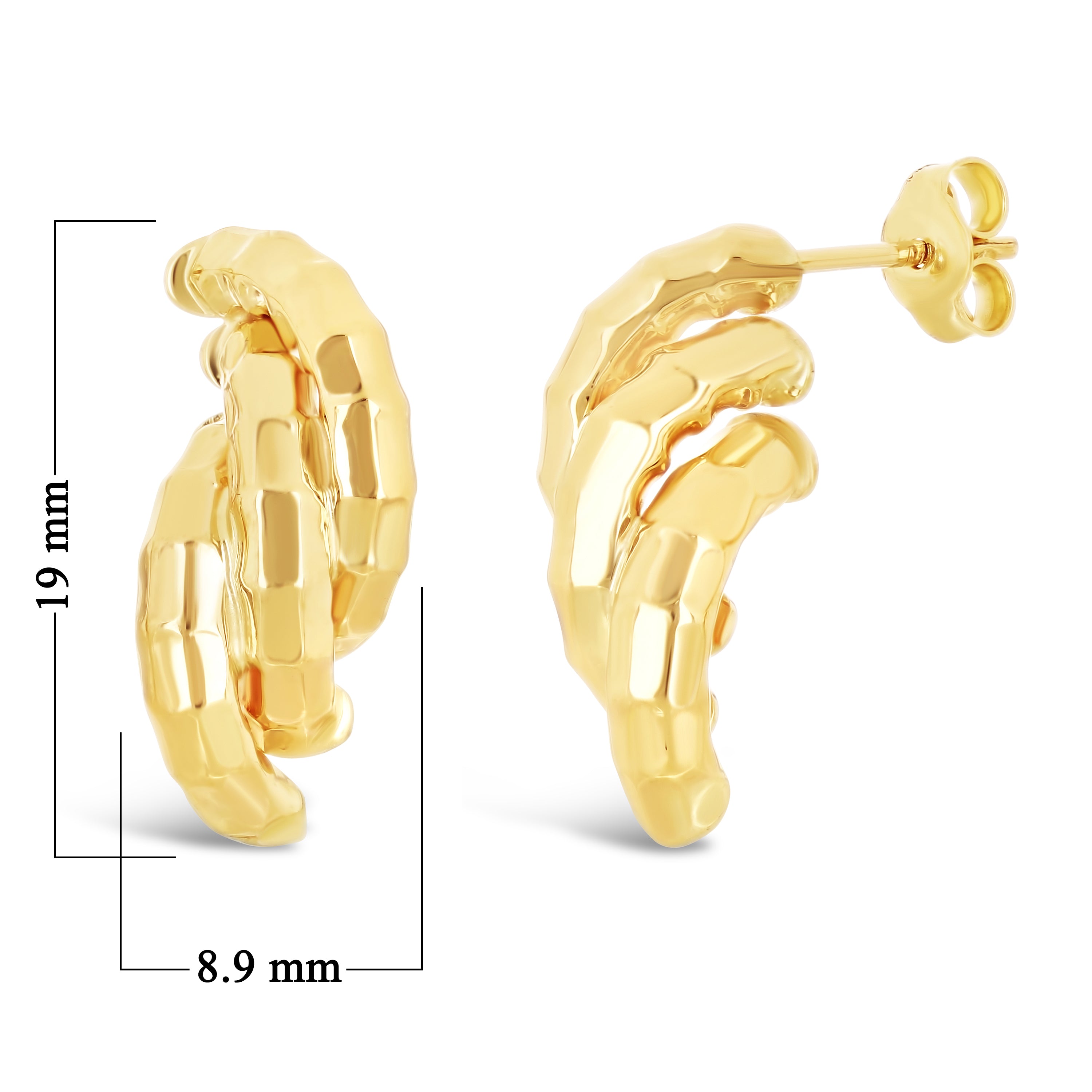 Italian 14k Yellow Gold Bamboo Texture Triple Macaroni Link Stud Earrings - Yellow