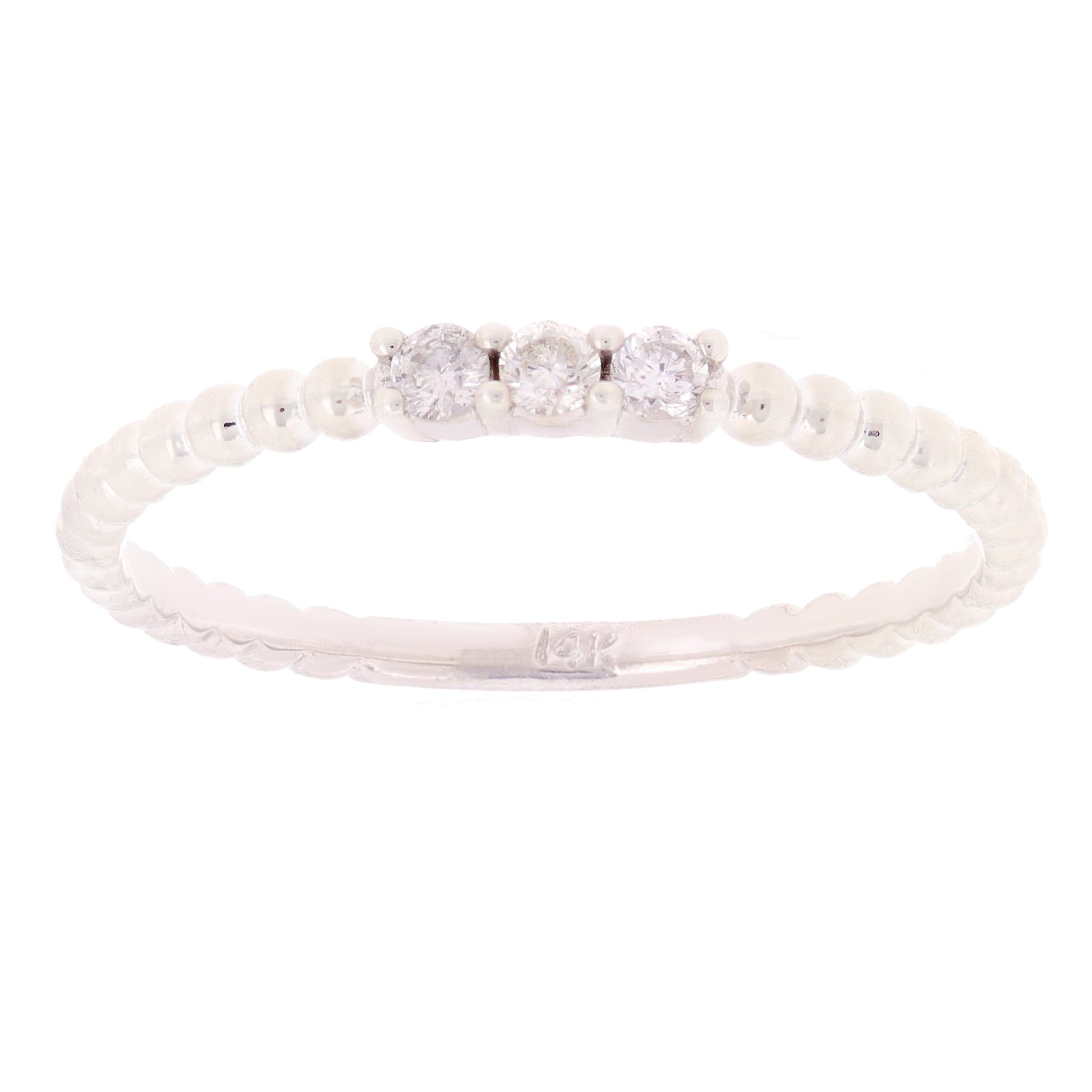 14k White Gold 0.09ctw Diamond 3-Stone Slim Beaded Stackable Band Size 6.5 - White