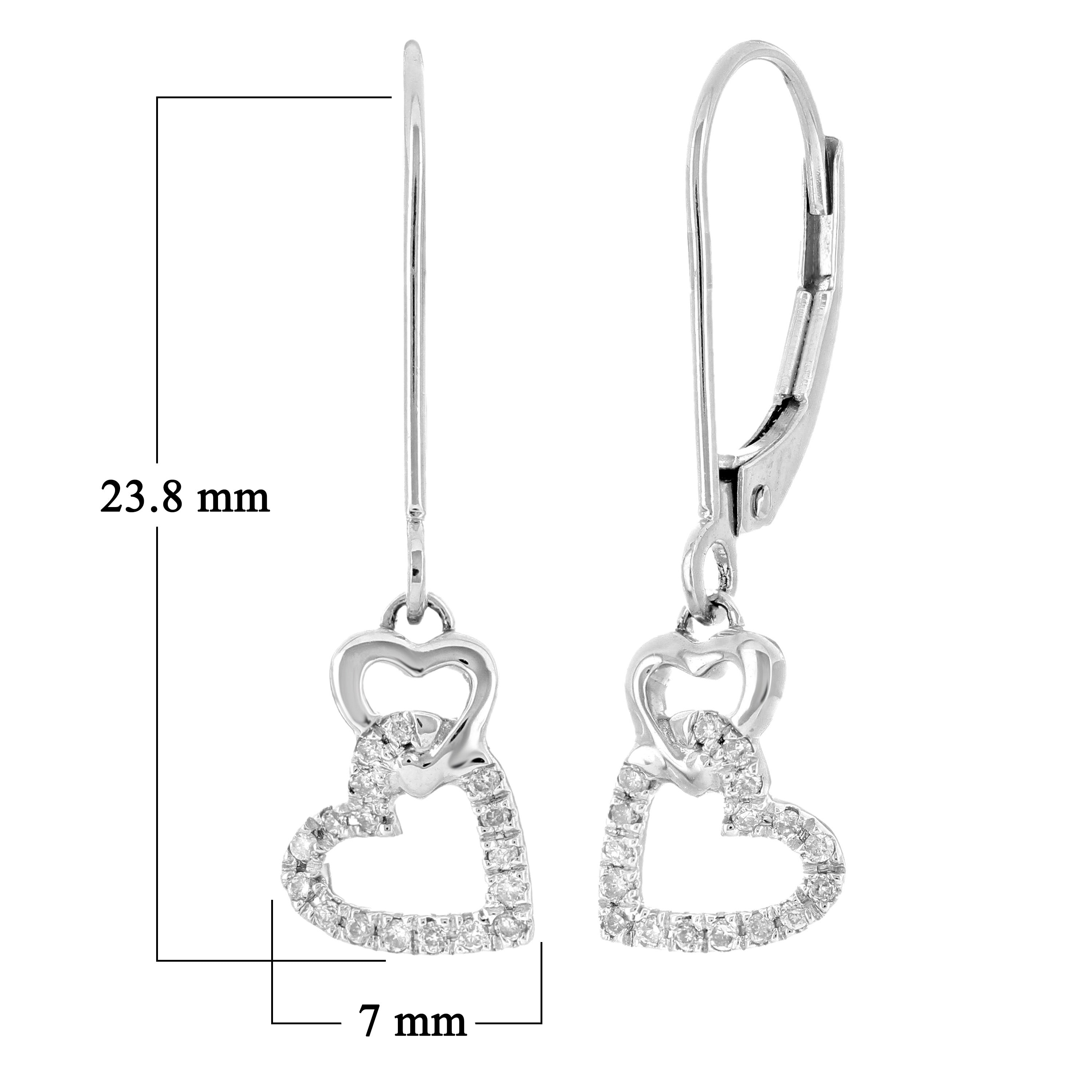 14k White Gold Diamond Accent Pave Heart Charm Hoop Earrings