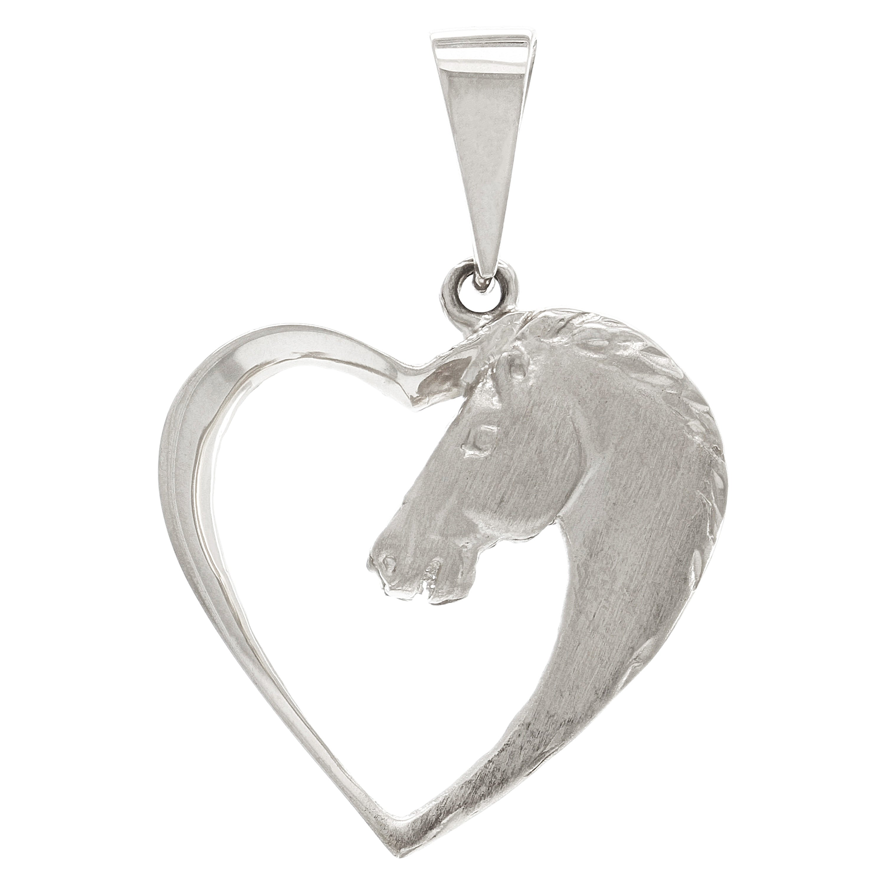 14k White Gold Horse Face Open Heart Horse Head Charm Pendant 1.3" 2.7 grams