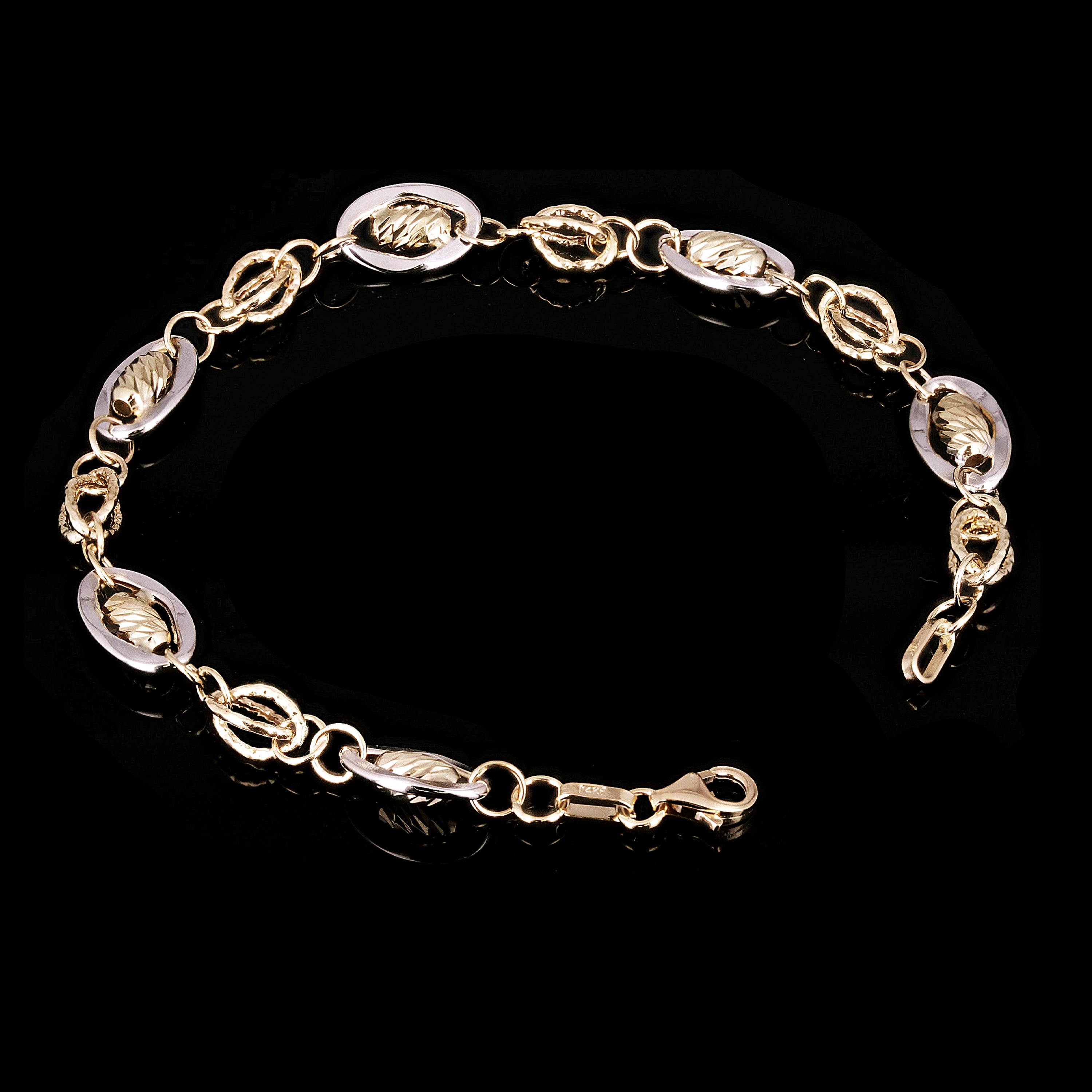 Italian 14k Two-Tone Gold Multiple Round & Oval Links Fancy Bracelet 7.5" 4.6g