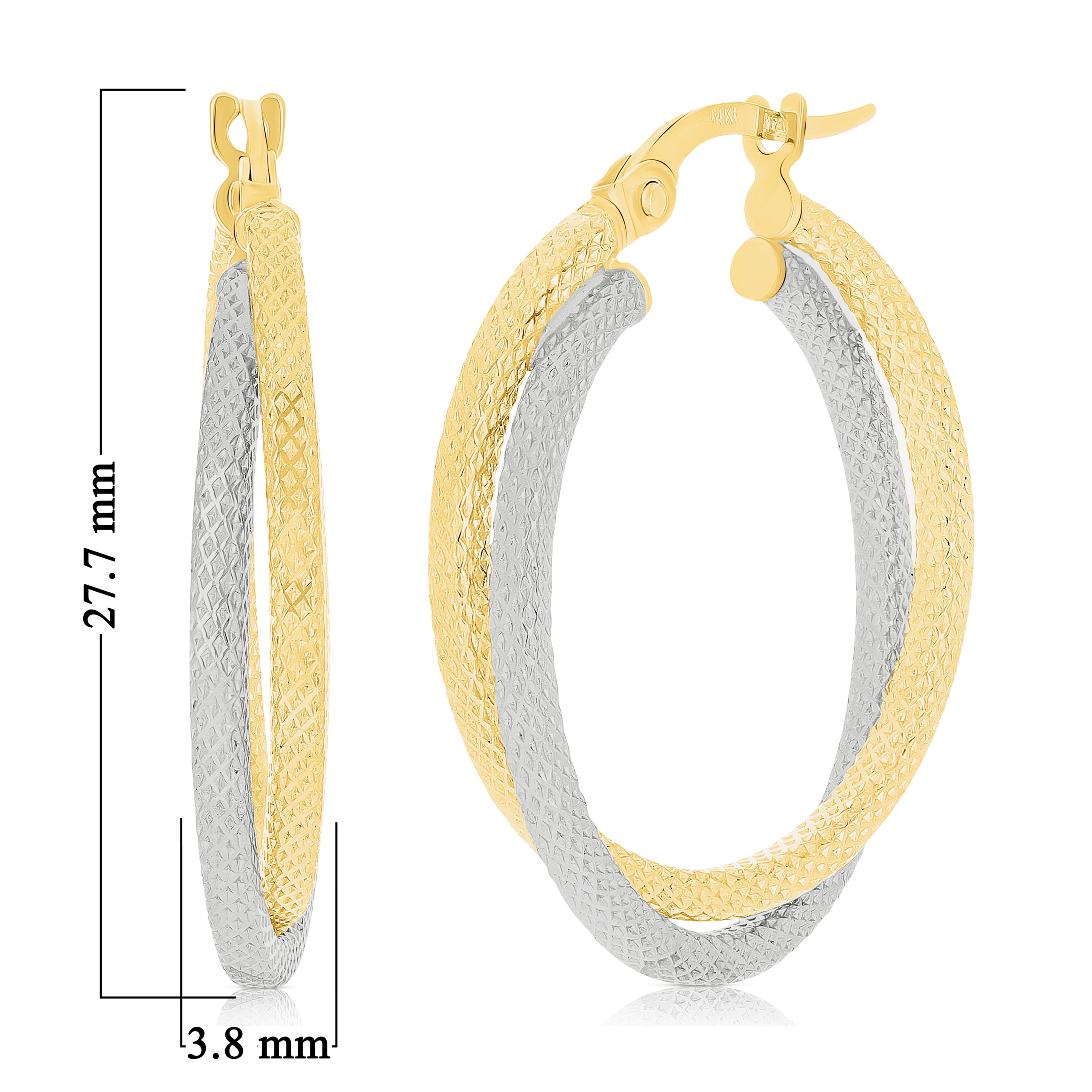 Italian 14k Yellow & White Gold Lattice Design Entwined Hollow Hoop Earrings