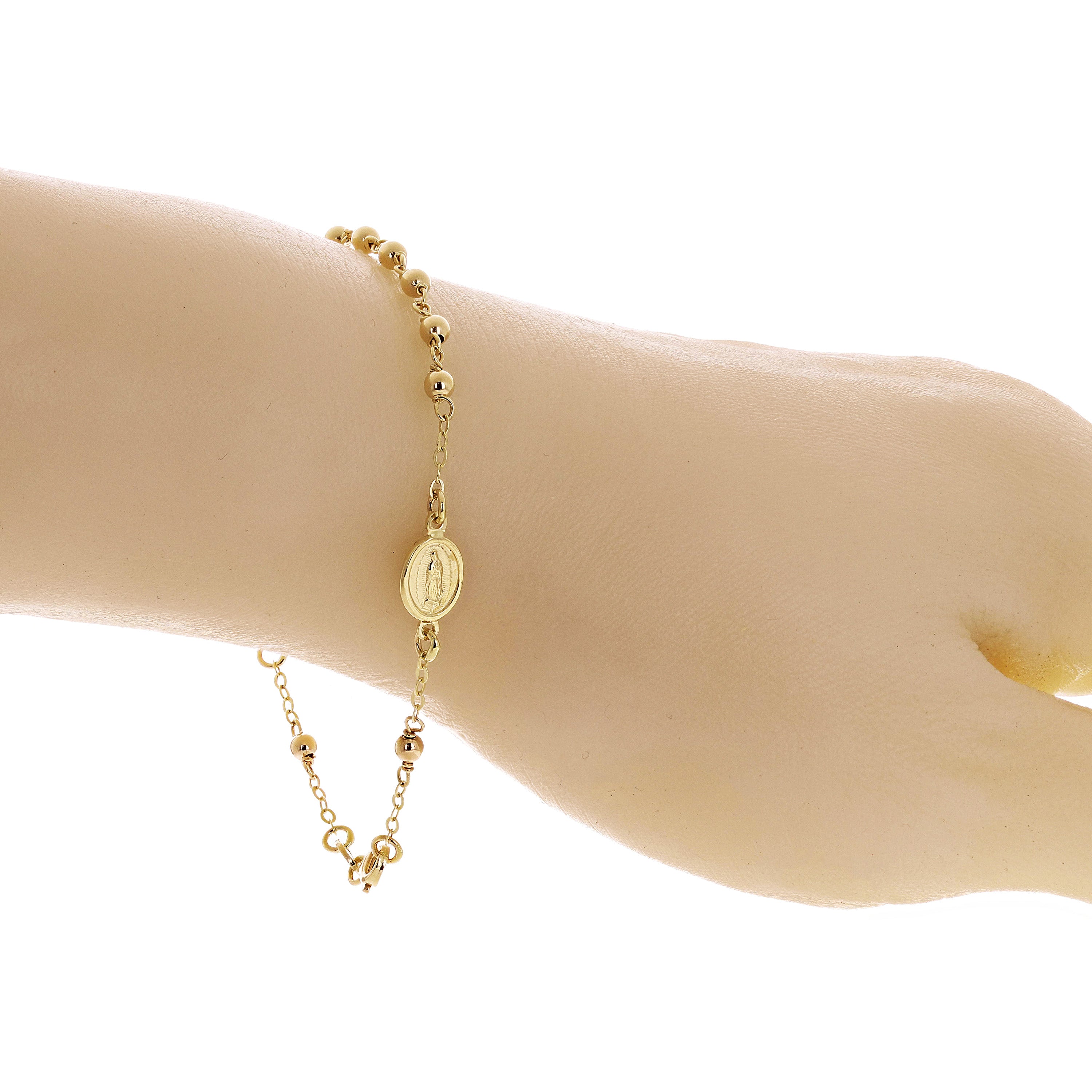 Italian 14k Yellow Gold Miraculous Medal Rosary Bracelet 7.5" 3mm 2.9 grams
