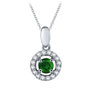 14k White Gold 0.45ctw Green & White Diamond Round Halo Pendant Necklace 18" - Green