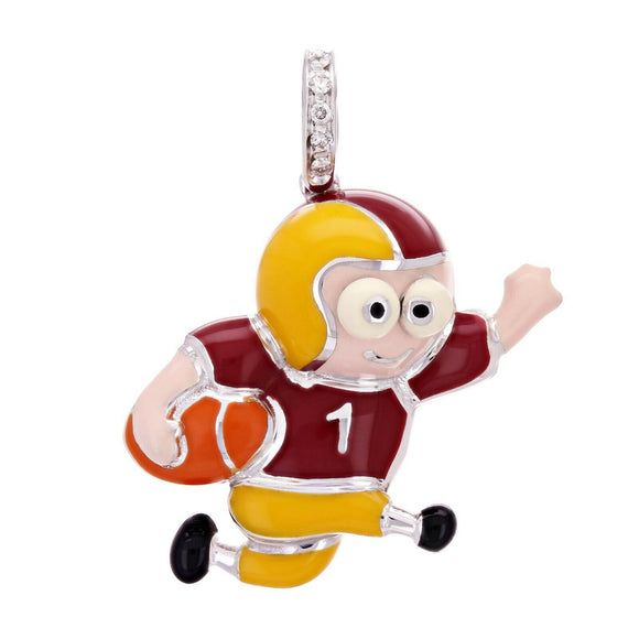 18K White Gold Aaron Basha Football Player Charm Enamel Pendant w/ Diamond Bail