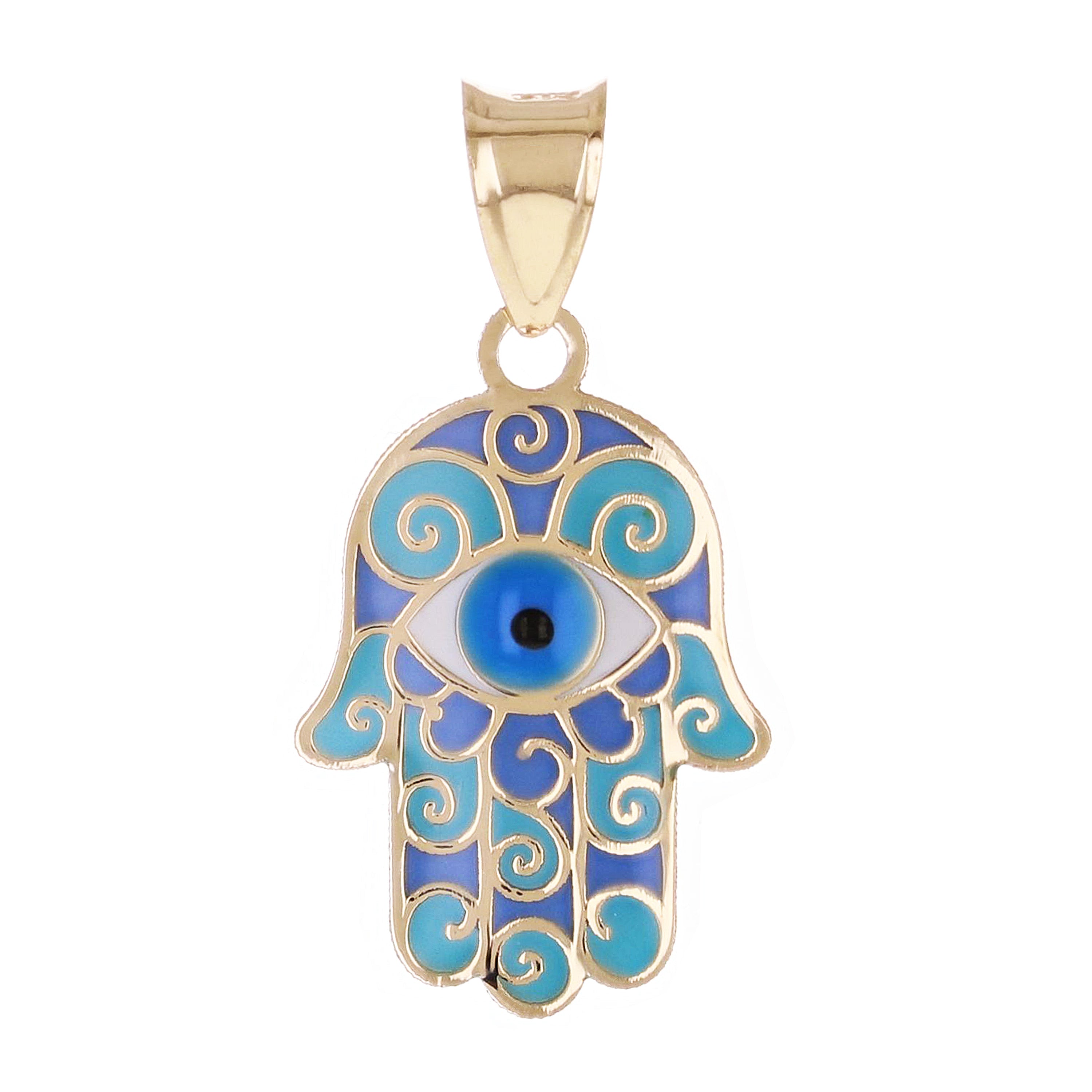 Italian 14k Yellow Gold Blue Enamel Hamsa Hand Charm Pendant 22.5mmx11.5mm 0.4g - Small