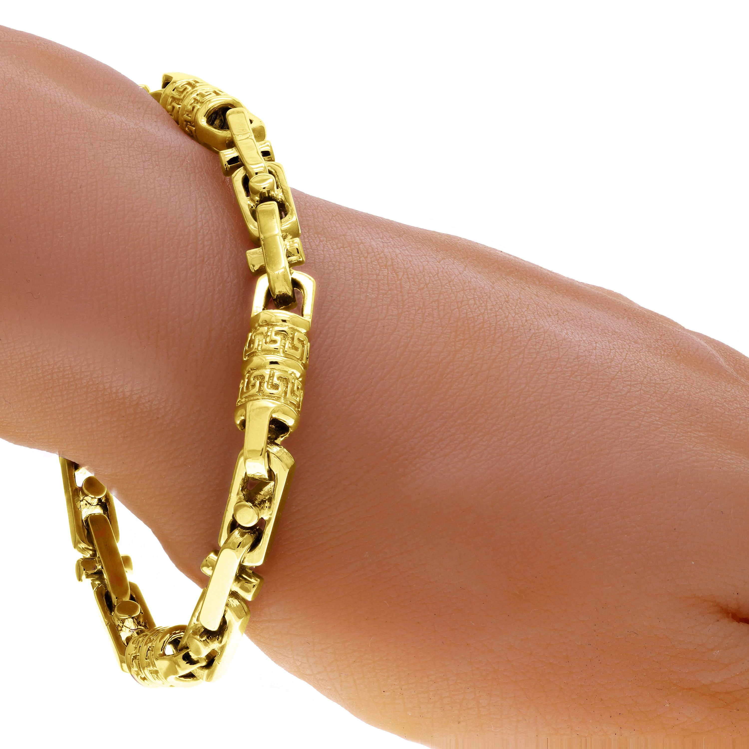 10k Yellow Gold Solid Oval & Greek Key Barrel Link Bracelet 7" 7.5mm 33 grams - 7" 33 grams