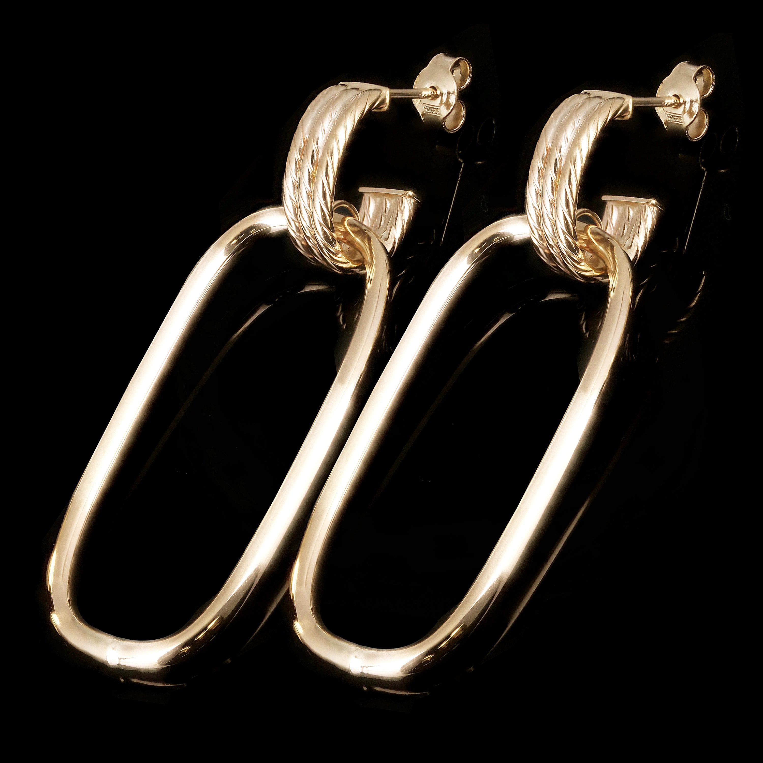 Italian 14k Yellow Gold Polished Rectangle & Rope Hoop Drop Earrings 1.8" 2.7g