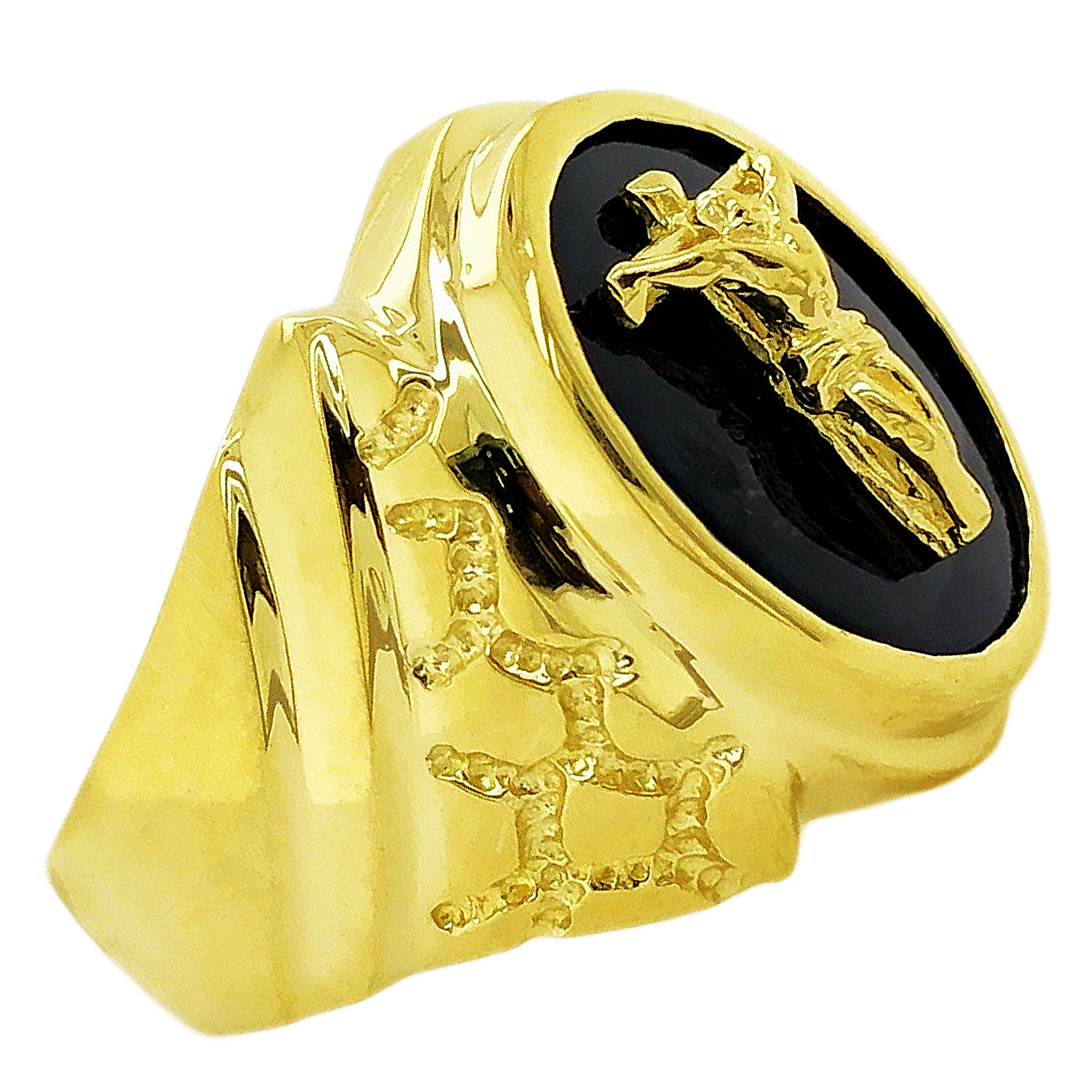 14k Yellow Gold Black Oval Onyx Cross Crucifix Ring Size 7 - Ring Size 7