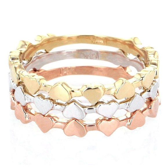 14k Tri Color Gold 3 Piece Stackable Heart Ring Sizes 5-10