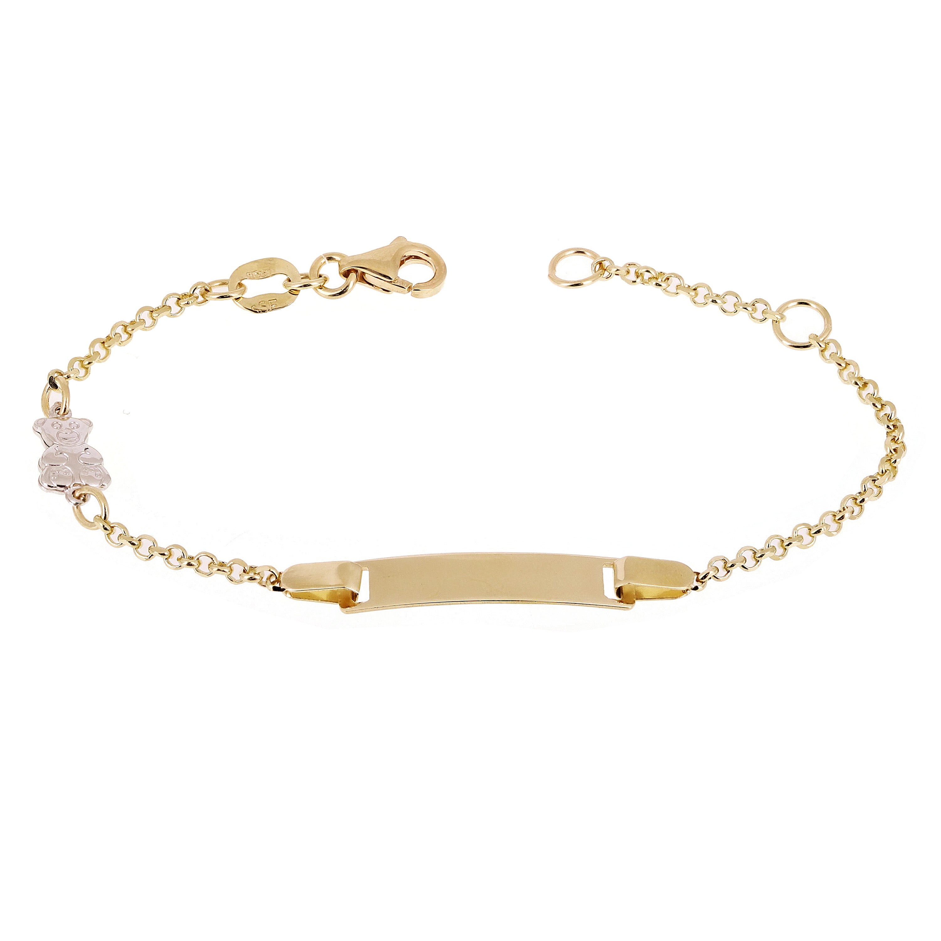 Italian 14k Yellow & White Gold Teddy Bear Charm Baby Kids ID Bracelet 5.5" 2g