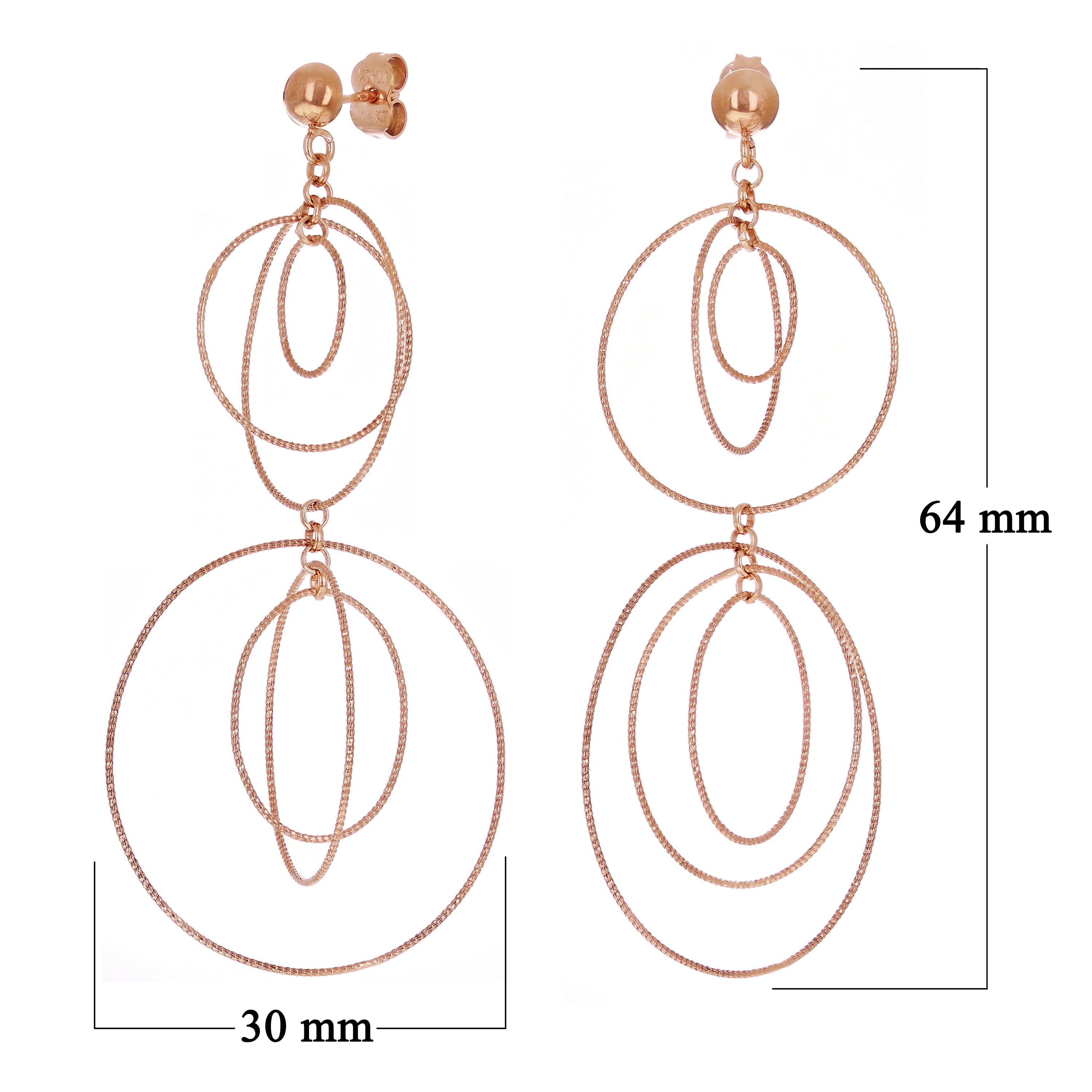 Italian 14k Rose Gold Round Drop Dangle Earrings 2.5" 3.9 grams