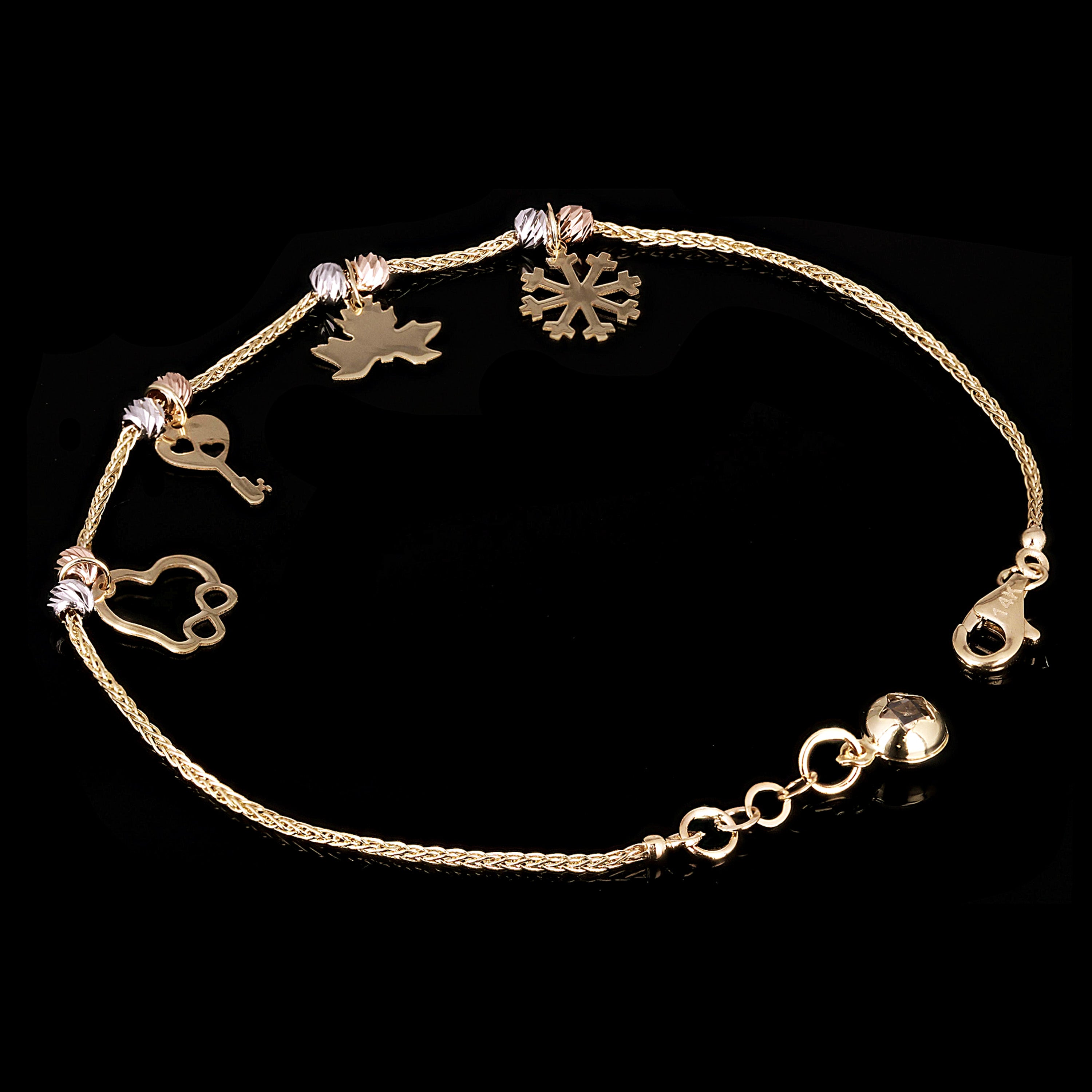 14k Tri Color Gold Snow Flake Key Leaf Heart Infinity Charm Bracelet 7" 2.7grams