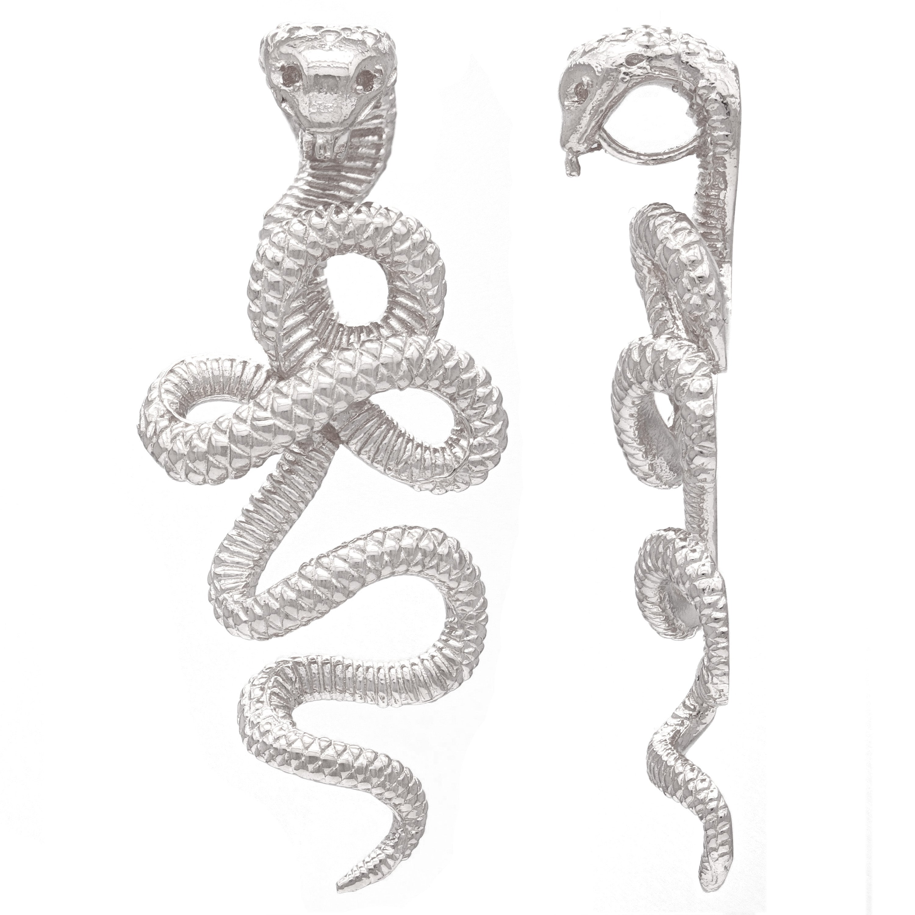 14k White Gold Solid Detailed 3D Cobra Snake Pendant - White