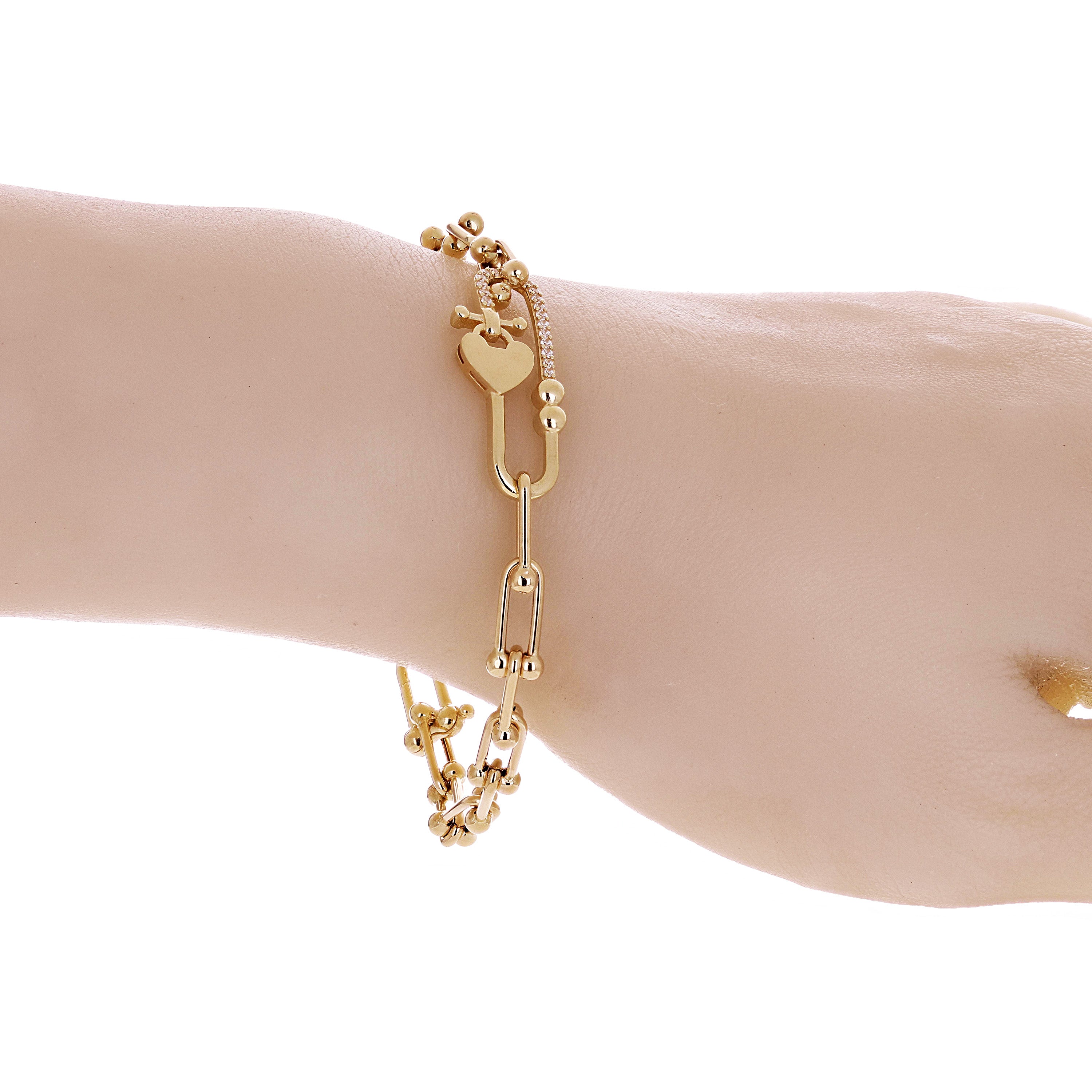 Italian 14k Yellow Gold Heart & U Shape Hardwear Link Bracelet with CZ 7.5" - 7.5" 7.7 grams